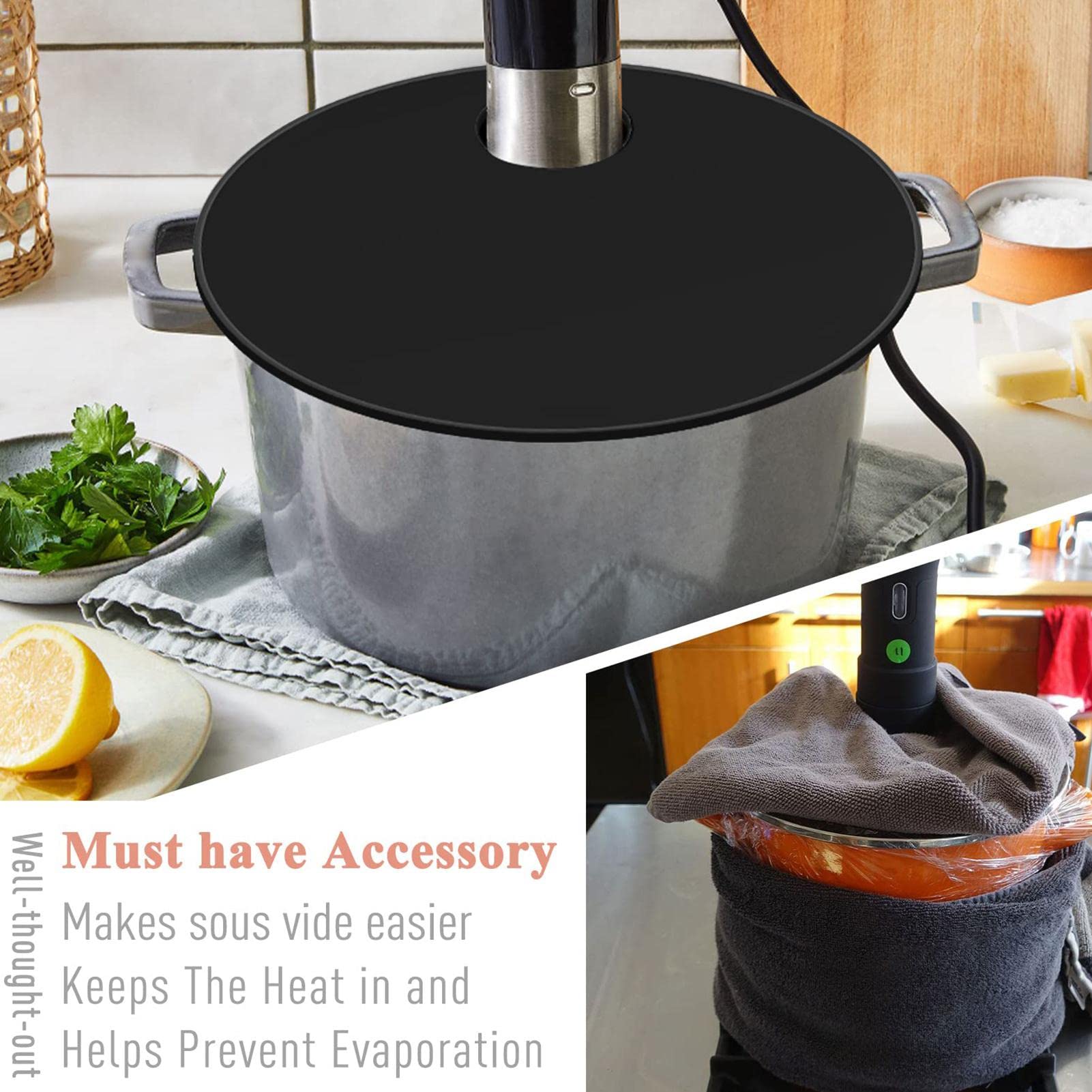 Deksel voor sous-vide container, sous-vide deksel past op sous-vide precisiekoker, voor koken, siliconen deksel, behoudt vocht en smaak met een sous-vide kookplaat, zwart