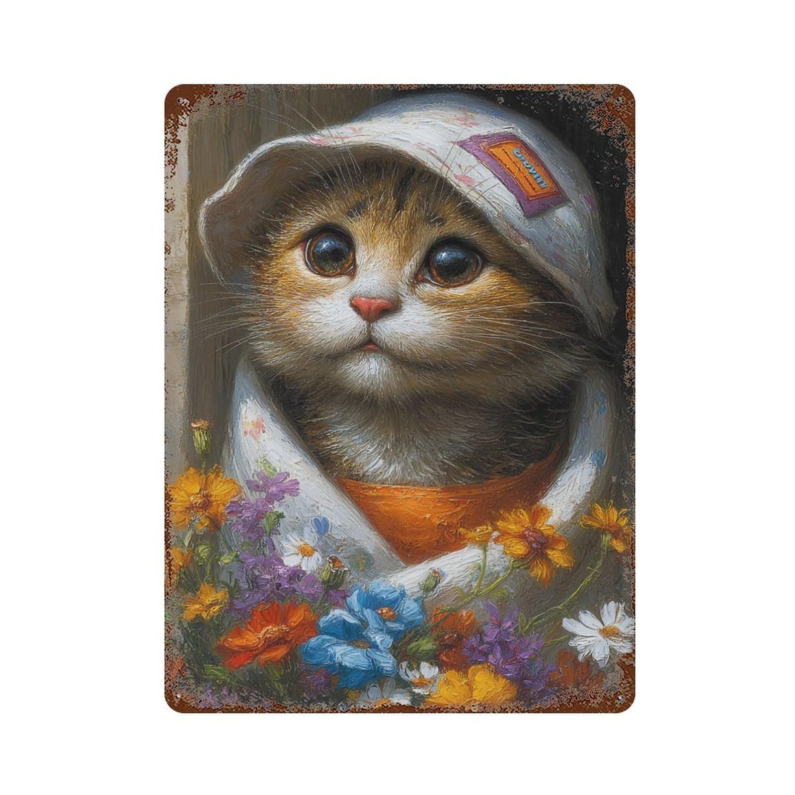 Rust Effect Cat in Flower Hat Aged Metal Wall Plaque 15.7"x11.8", Shabby Chic Decor for Living Room, Hallway And Home Decor