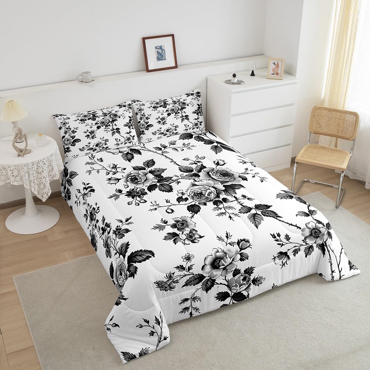 Feelyou Flower Bedding Set Twin Size Botanical Floral Printed Comforter Set for Kids Boys Girls Blossom Flowers Pattern Comforter Natural Theme Duvet Set Black White