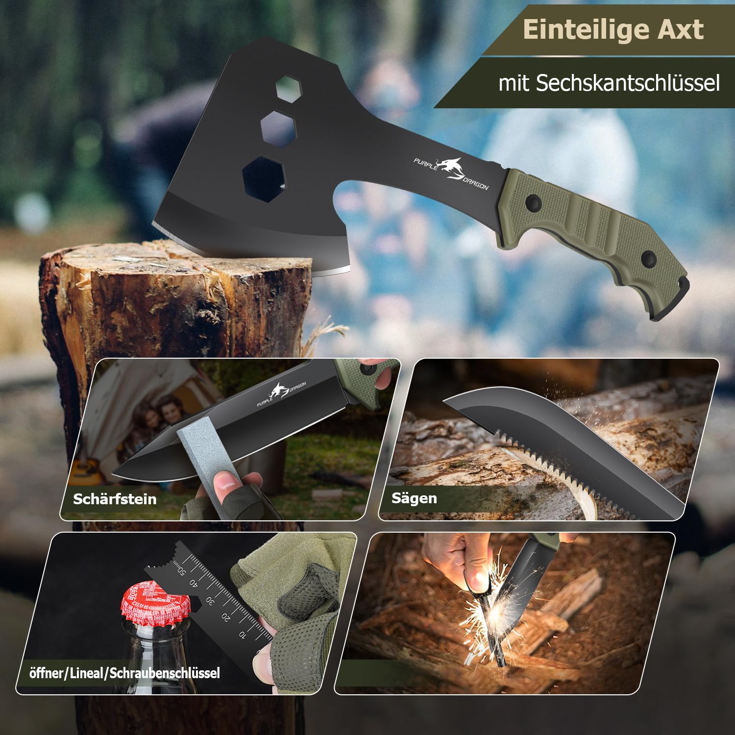 Purple Dragon Großes Messer Outdoor Beil Axt Set mit Scheide, Full Tang Spaltaxt aus einem Stück D2 Stahl gefertigt, Camping Messer Survival zum Sägen von Holz, Geschenke für Männer