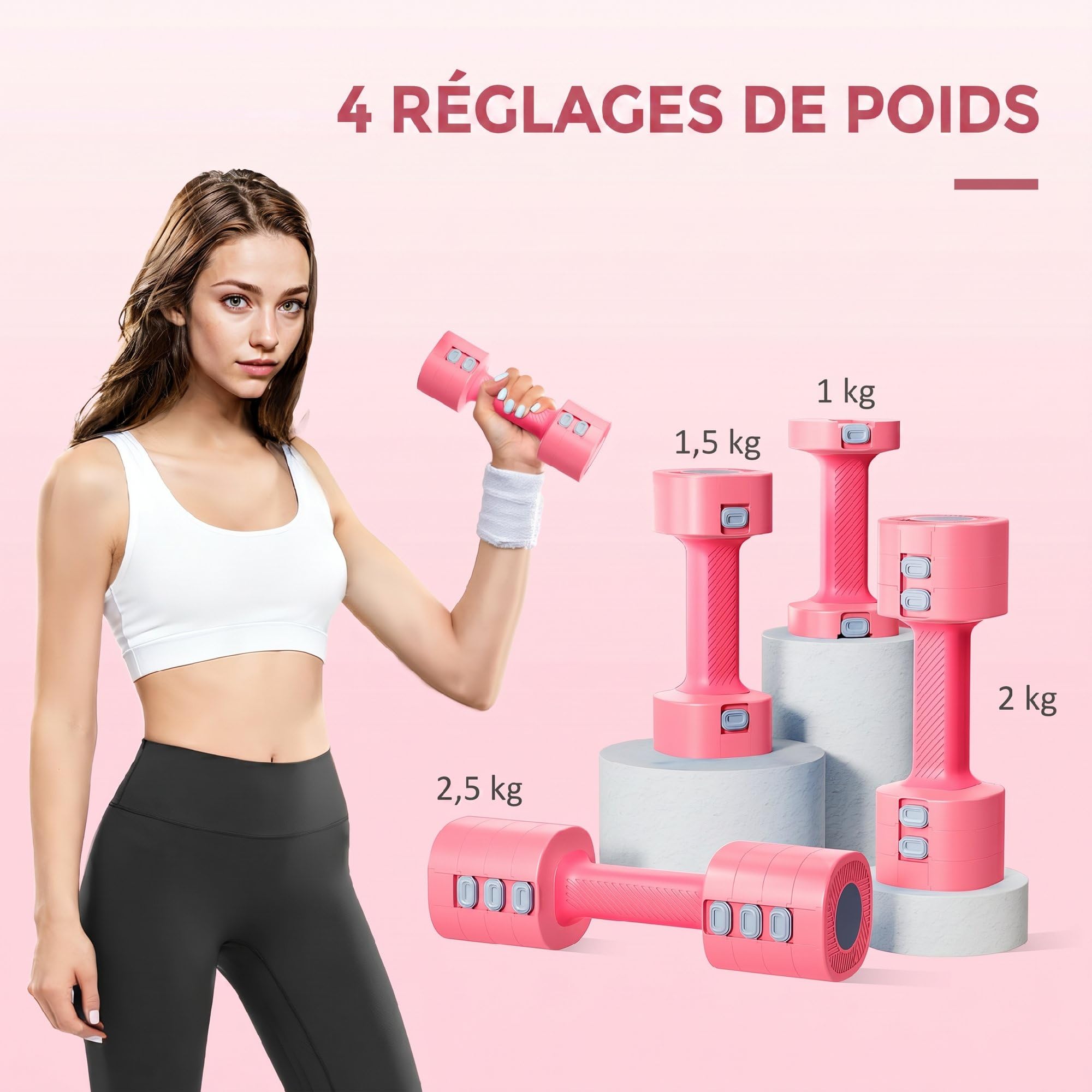 SPORTNOW Ensemble d'Haltères Réglables 2 x 2,5 kg 4 en 1, Rose Cerise | Paires d'Haltères 1kg/1,5kg/2kg/2,5kg, Poignée Antidérapante, pour Femme et Homme, Entraînement Musculaire à Domicile