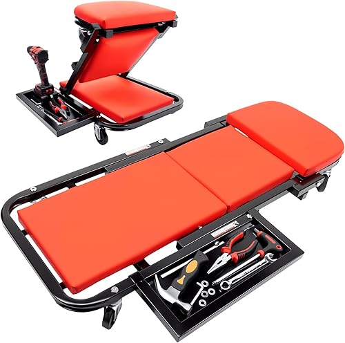 Mechanic Creeper - Asiento 2 en 1 de 40 pulgadas con bandeja de herramientas, capacidad de 480 libras, plegable ajustable para garaje con rodillos