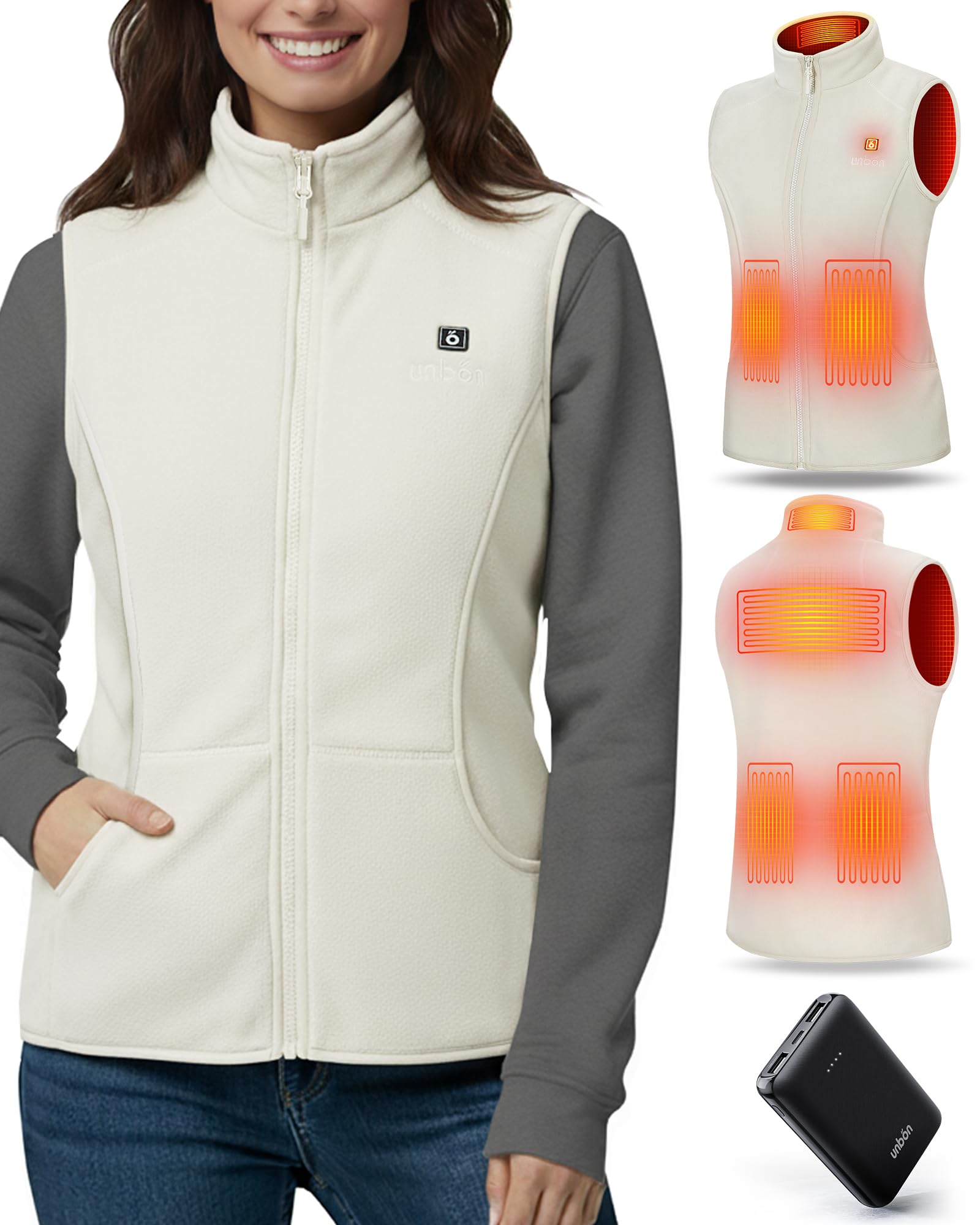 UNBON Gilet Chauffant Femme avec Batterie Incluse USB 10000mAh, Veste Chauffante Femme avec 3 Températures 6 Zones Chauffage, Veste Polaire Chauffante sans Manche, Gilet Chauffant Électrique Blanc S