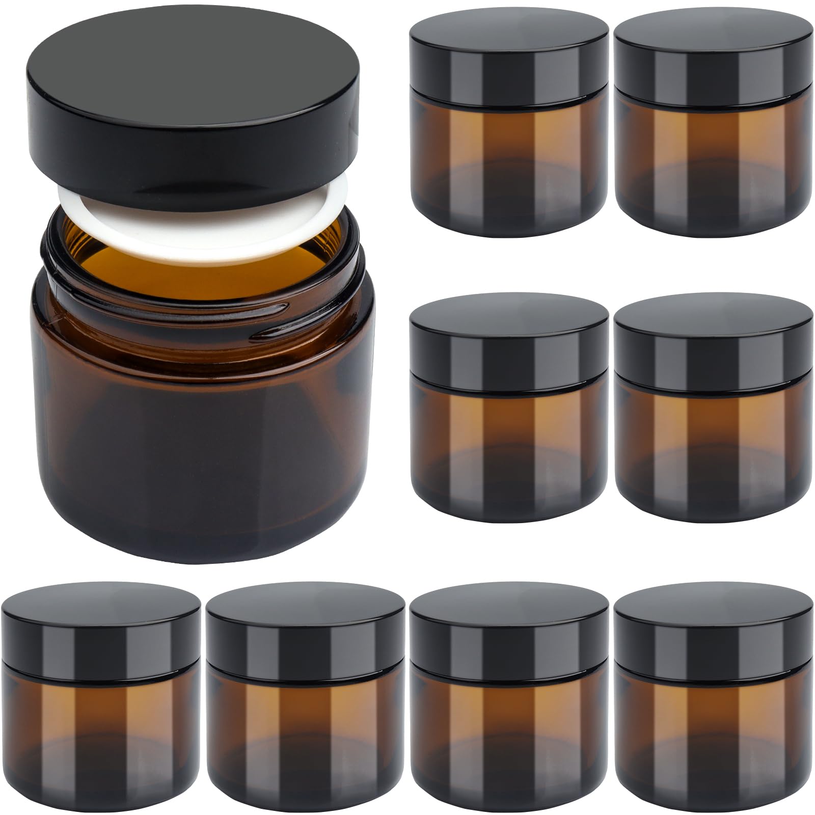 60ml 8pack Amber Glass Jars,Empty Cosmetic Jars with Black Lids, Face Cream Lotion Storage Jars with Cosmetics, Powder, Lotion, Creams，Travel Favors (60ml)