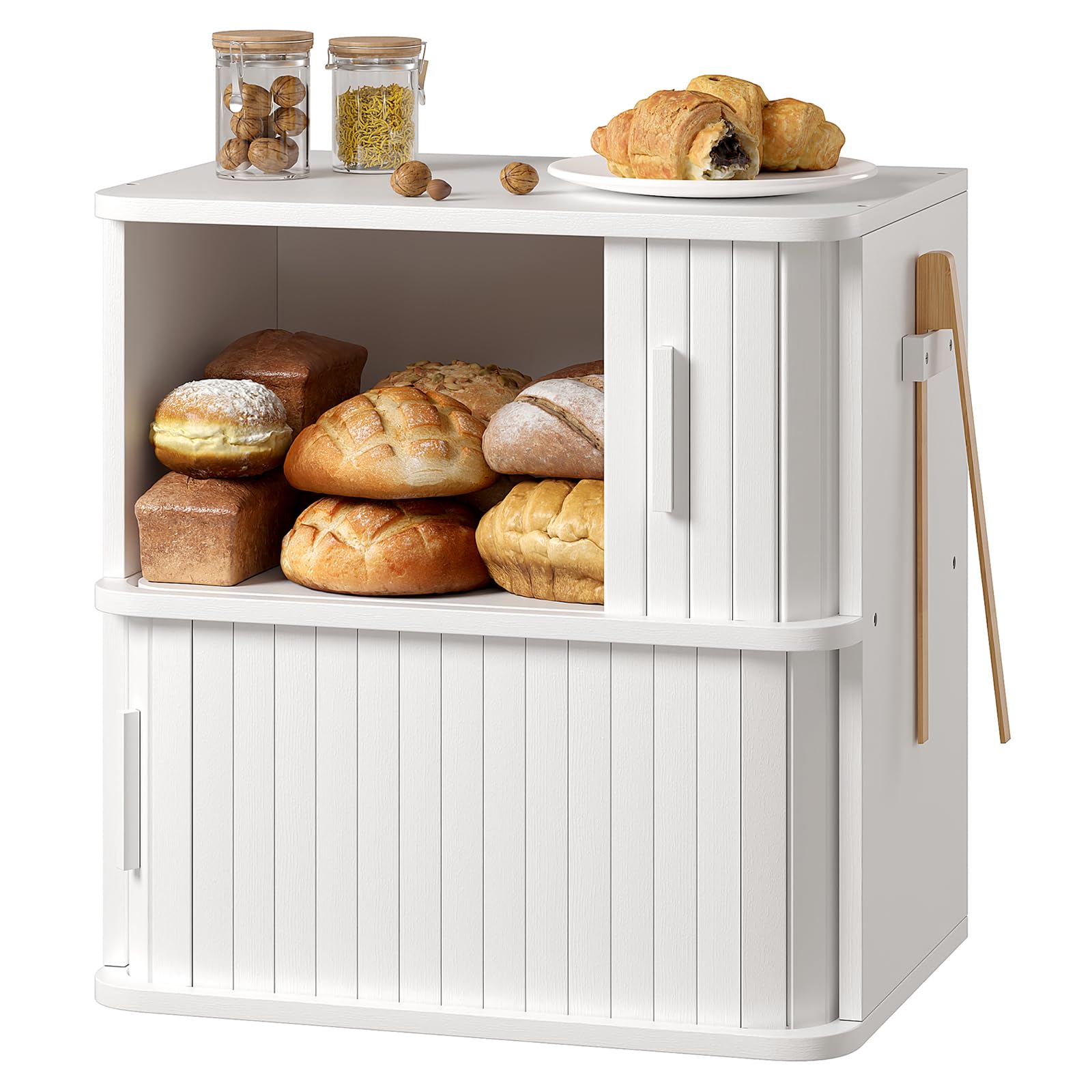 Photo 1 of WOWLIVE 2-Tier Bread Box for Kitchen Countertop, Double Layer Roll Top Bread Boxes with Sliding Doors, Extra Large Bread Storage Cabinet for Loaves & Pastries, Bamboo Counter Organizer, White