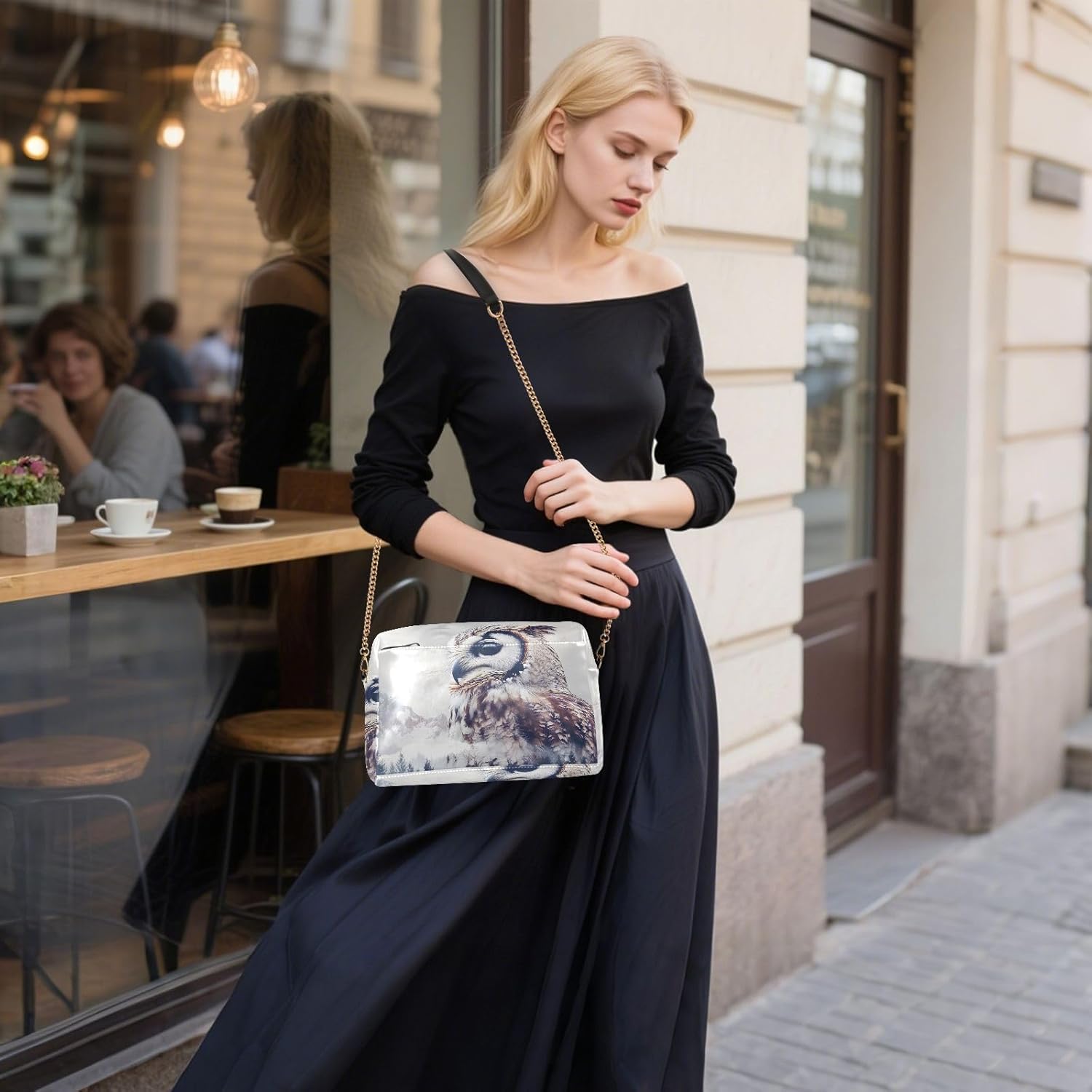 Women Crossbody Bag Shoulder Handbag Cellphone Purse Winter Owl Print, PU Leather Metal Chain Strap Water Resistant Zipper Closure