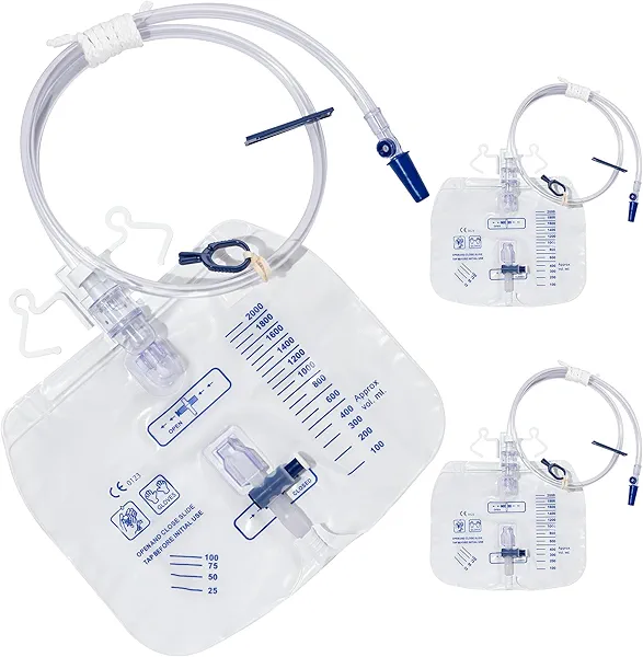 BeHerk 2000mL Catheter Bags for Men and Women 3 Pack Professional Urinary Drainage Bags with Enhanced Anti-Reflux Drip Chamber, 48” Thickened Drainage Tube, Adjustable Clips & Hanging Hook