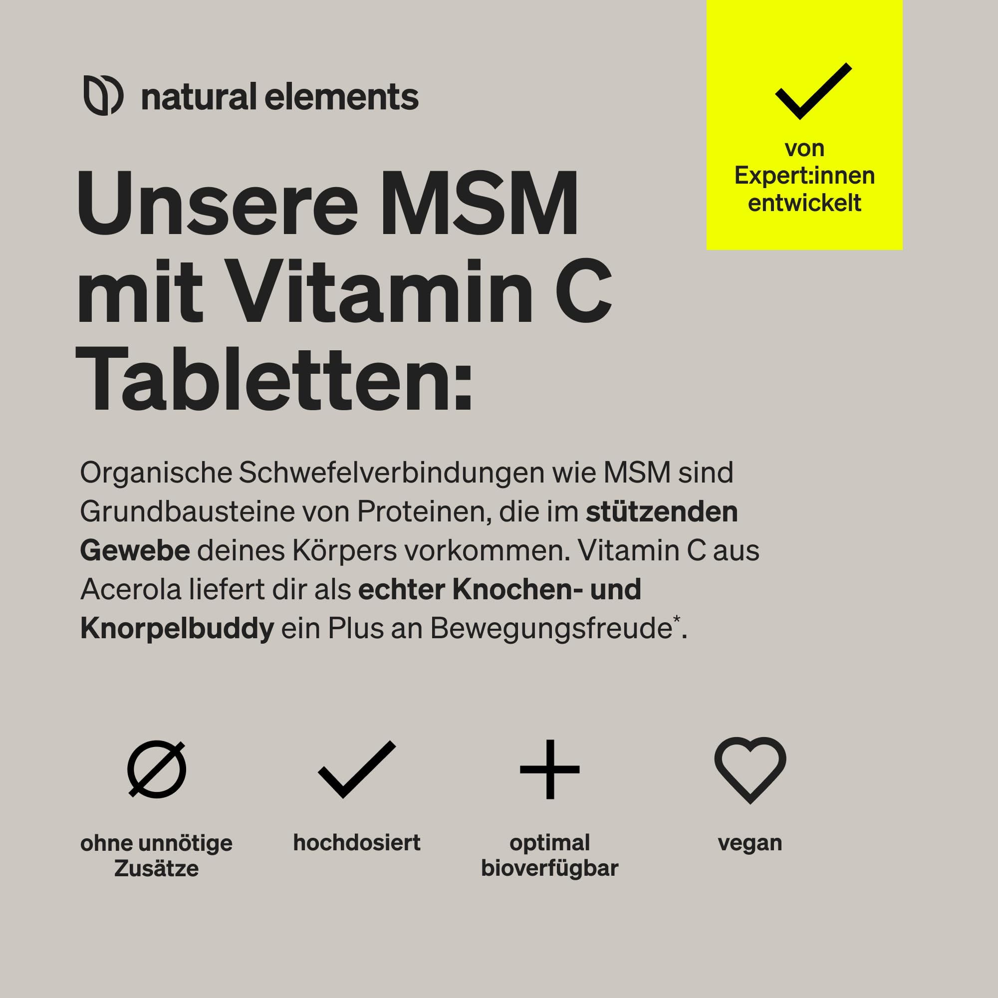 natural elements MSM 2000mg + natürliches Vitamin C – 365 Tabletten statt Kapseln – Methylsulfonylmethan – hochdosiert, vegan – in Deutschland laborgeprüft