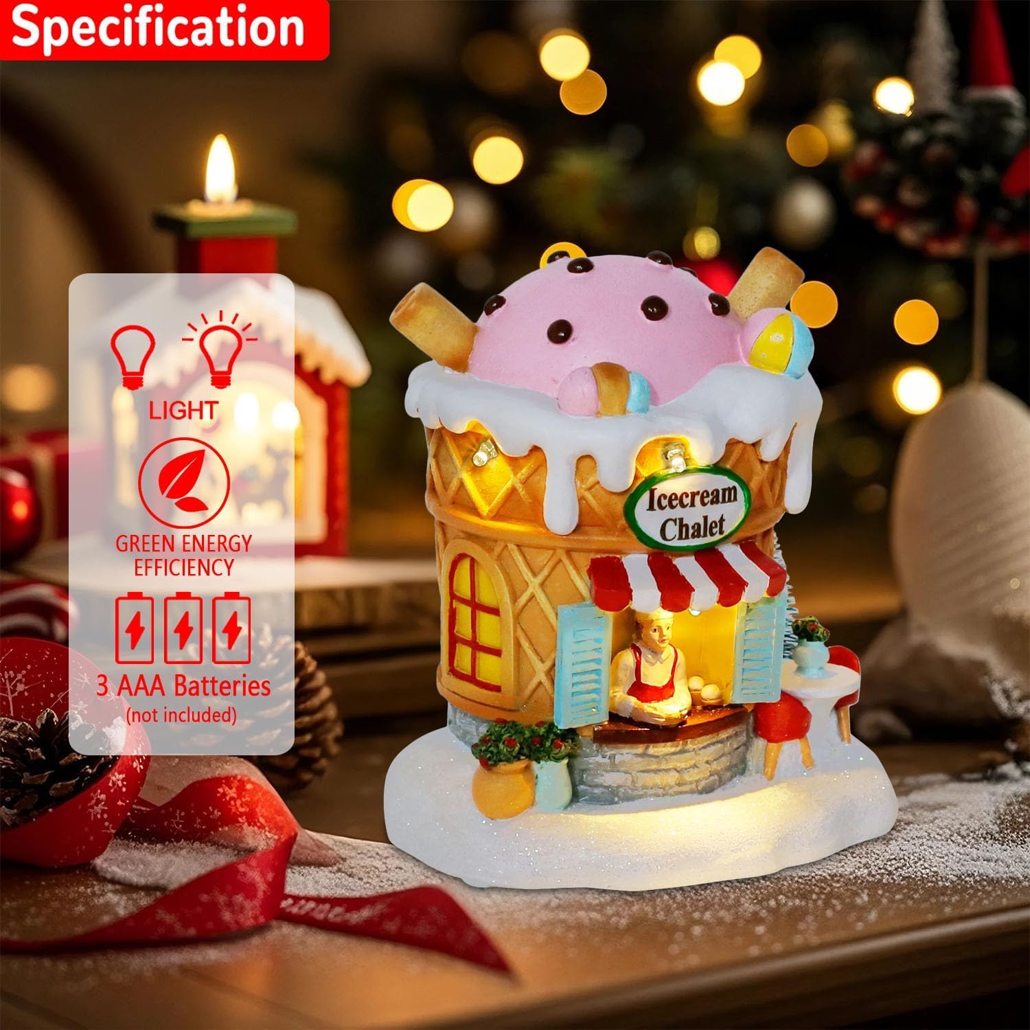 innodept12 Light-Up Gingerbread Village House Christmas Decor – Ice Cream Chalet Collectible Shop Figurine for Indoor Holiday Home Decoration