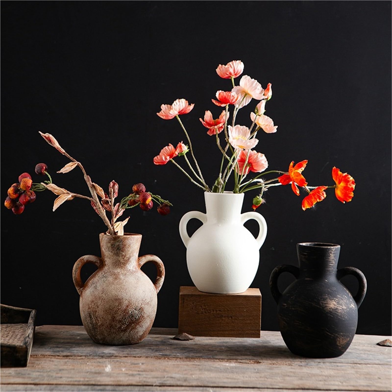 Keramikvase mit Zwei Griffen, Vintage-Dekoration für Blumenarrangements, Tischdekoration und Accessoires