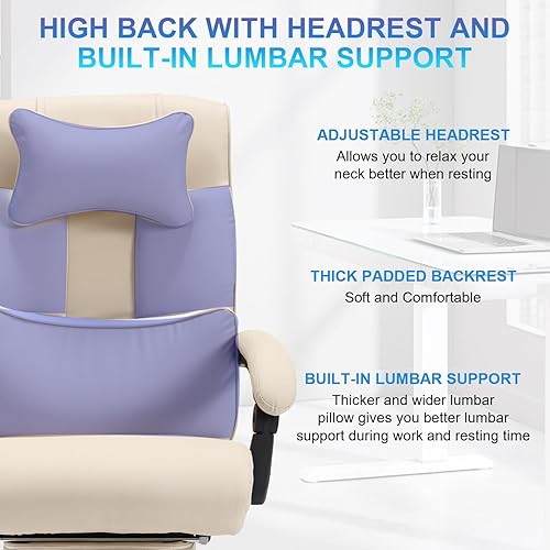 Miniatura 4 de Silla de oficina totalmente reclinable con reposapiés, silla de escritorio ergonómica de oficina ejecutiva con soporte lumbar y reposacabezas, silla