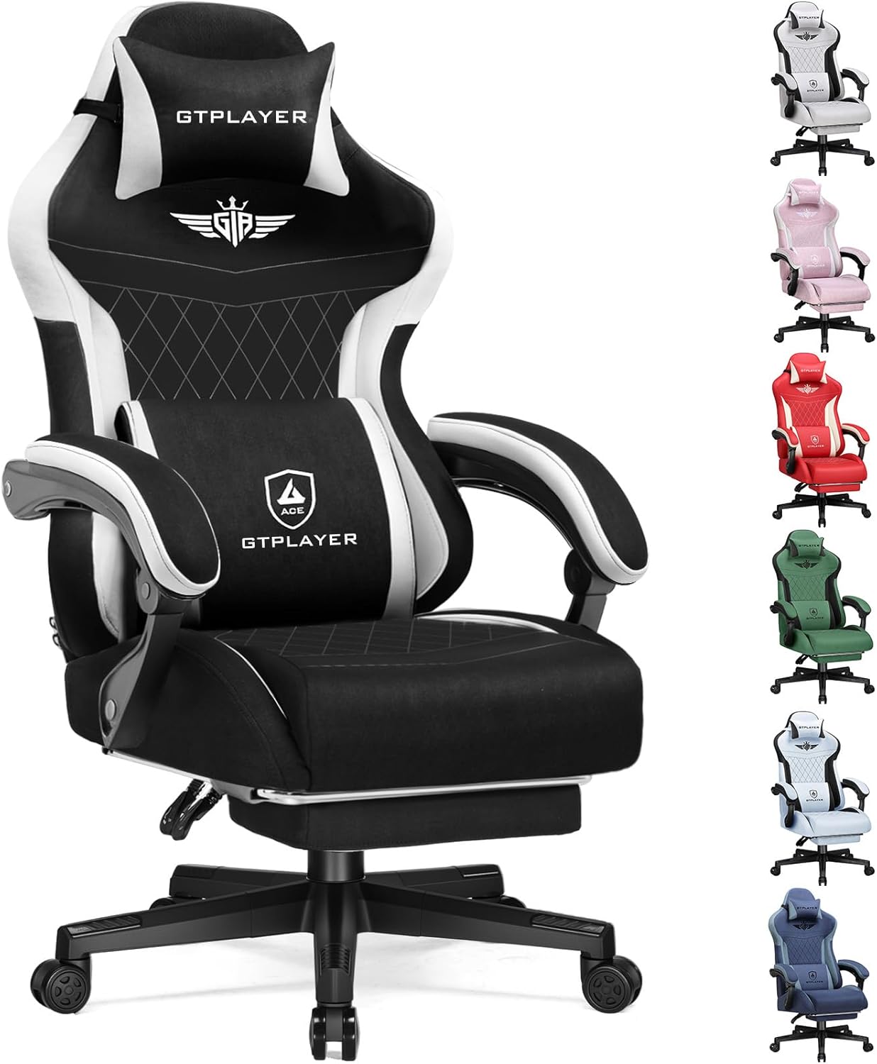 GTPLAYER Gaming Chair with Footrest, Big and Tall Game Chair High Back Computer Office Chair with Lumbar Support for Adults, Ergonomic Swivel Games Chair with Cushion Gaming, Fabric Black