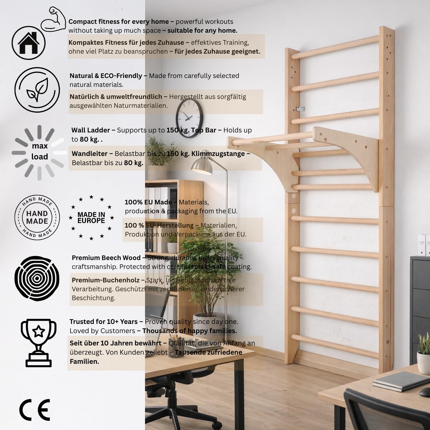 Espaldera de Gimnasio Kombi-1-220 – Escalera Sueca de Madera para Niños y Adultos, Barras de Fitness, Juego y Entrenamiento en Casa
