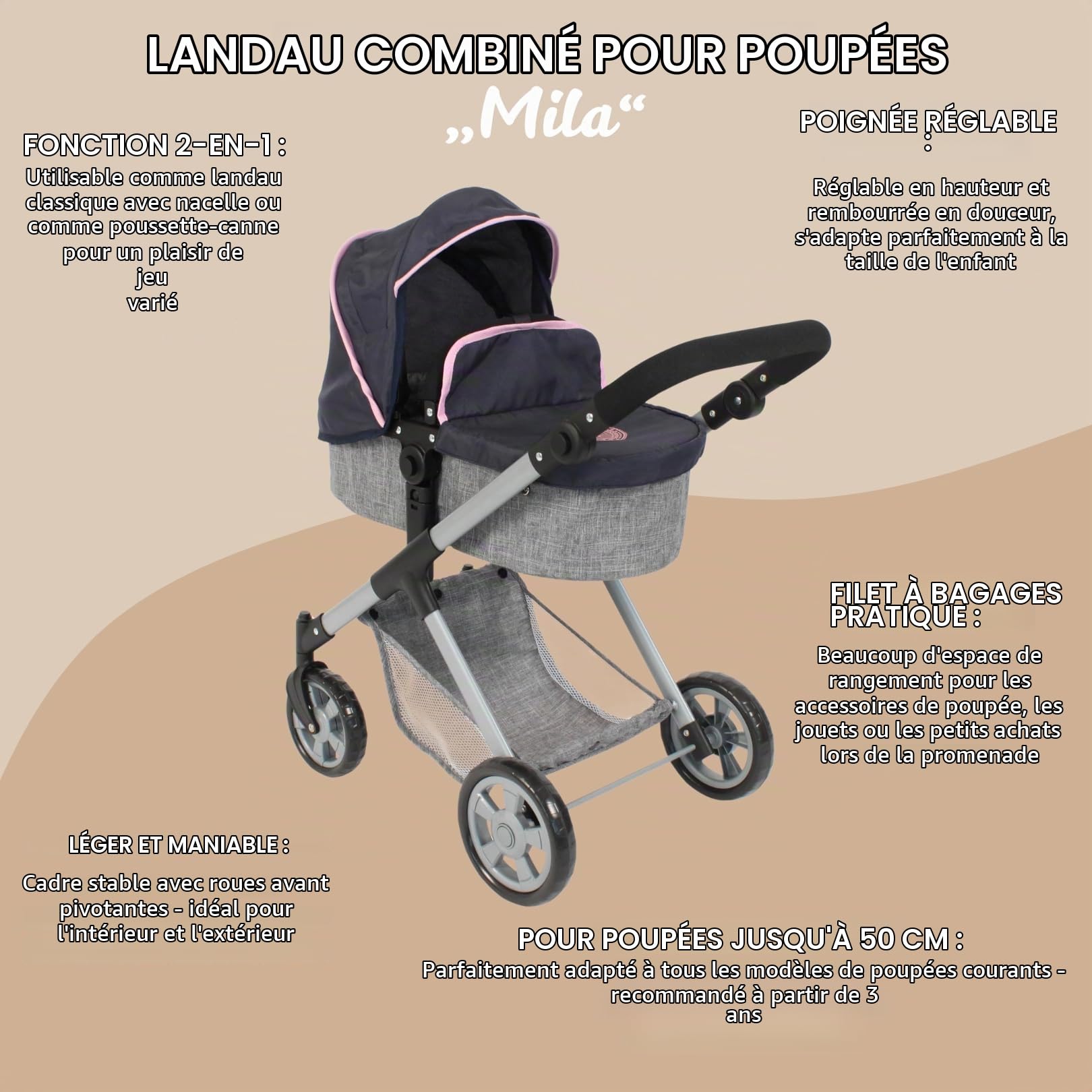 Bayer Chic 2000 Poussette Poupon 2en1 Mila | Évolutive & Ergonomique