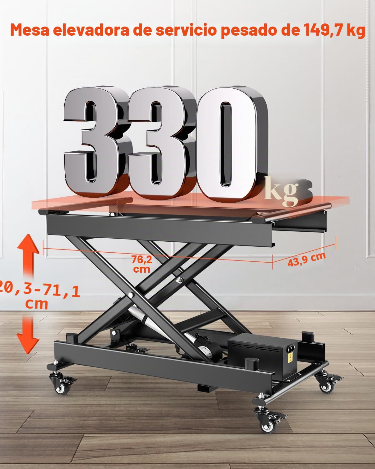 VEVOR Mesa Elevadora Eléctrica de Tijera Simple con Capacidad para 150 kg, Altura de Elevación de 200-710 mm, Mesa Elevadora de Café con 4 ruedas, para Manipulación y Transporte de Materiales, Negro