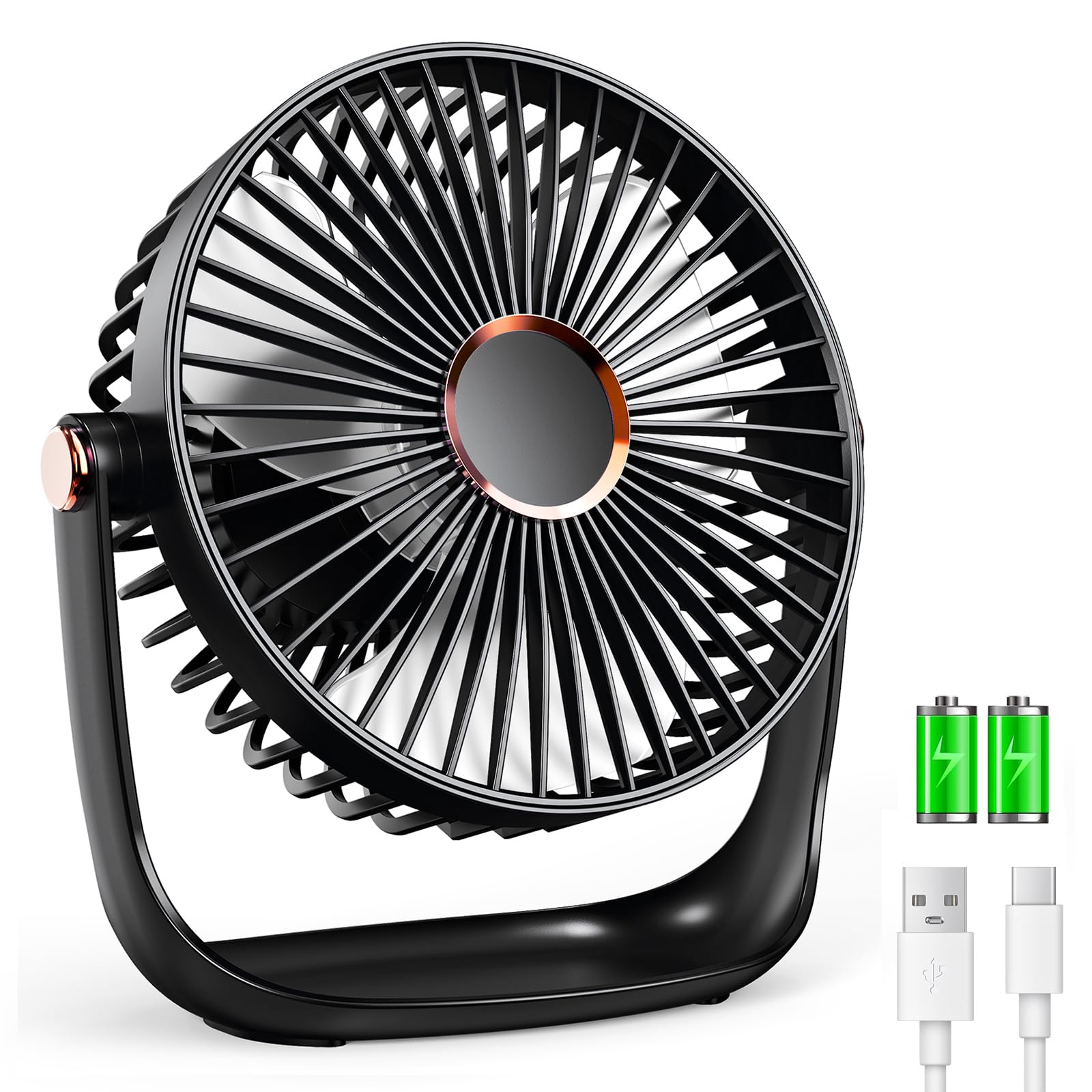 iNeibo Desk table fan,USB-type C 2400mAh Battery Powerful and Quiet Small Desk Fan,Dual 360° Adjustment Mini USB Fan, Rechargeable and Silent Operation for Home,Office,School and Outdoor(Black)