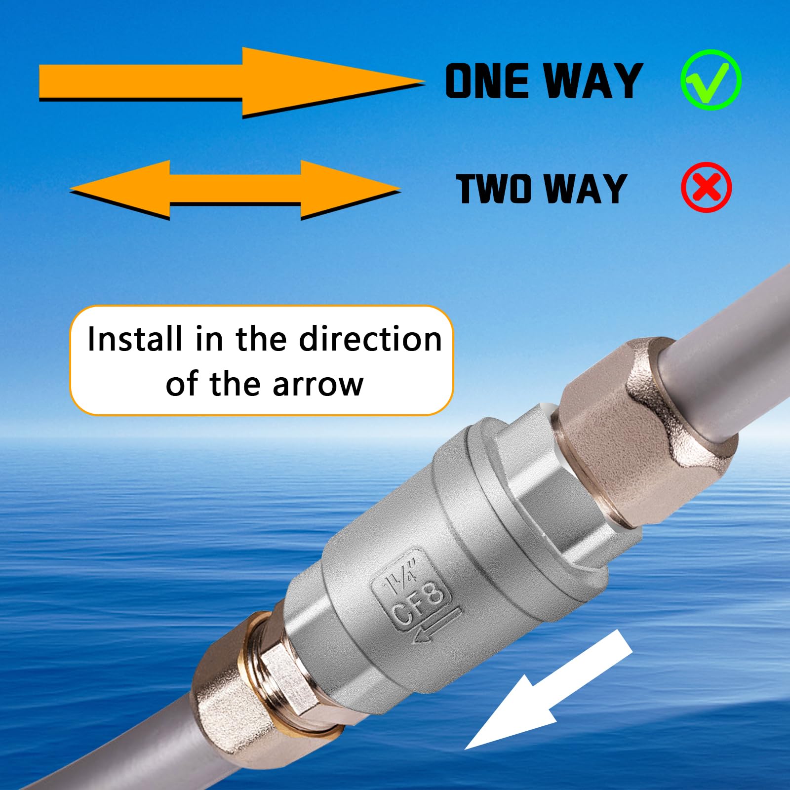 Boltigen Válvula de retención de resorte de 1-1/4 pulgadas, válvula de retención horizontal de acero inoxidable 304 CF8 sin retorno unidireccional, válvula de retención de agua vertical en línea para