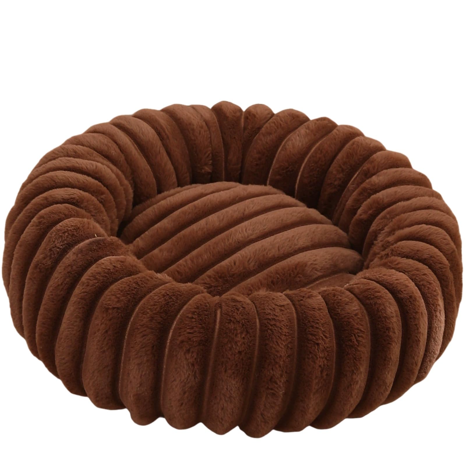 Mateju Plush Donut Pet Bed, Fluffy Pet Cushion Thick Warm Soft Plush Dog Cat Bed for Indoor Stripe Style Calming Puppy Kitten Petbed with Non Slip Bottom, for Small Medium (Coffee Color,50cm)
