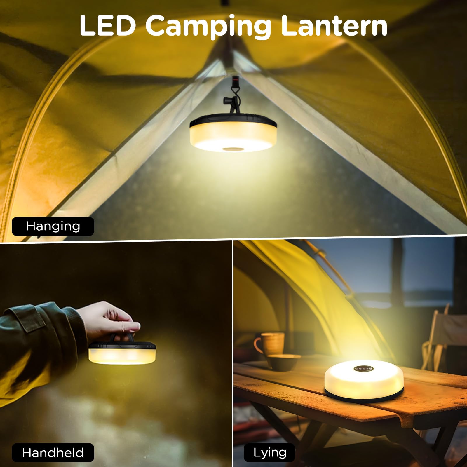 OGERY Cadena de luces de camping con Rmote, almacenamiento rápido 4 en 1 | Cadena de luces recargable para tienda de campaña, linterna portátil LED para exteriores, interiores, patio