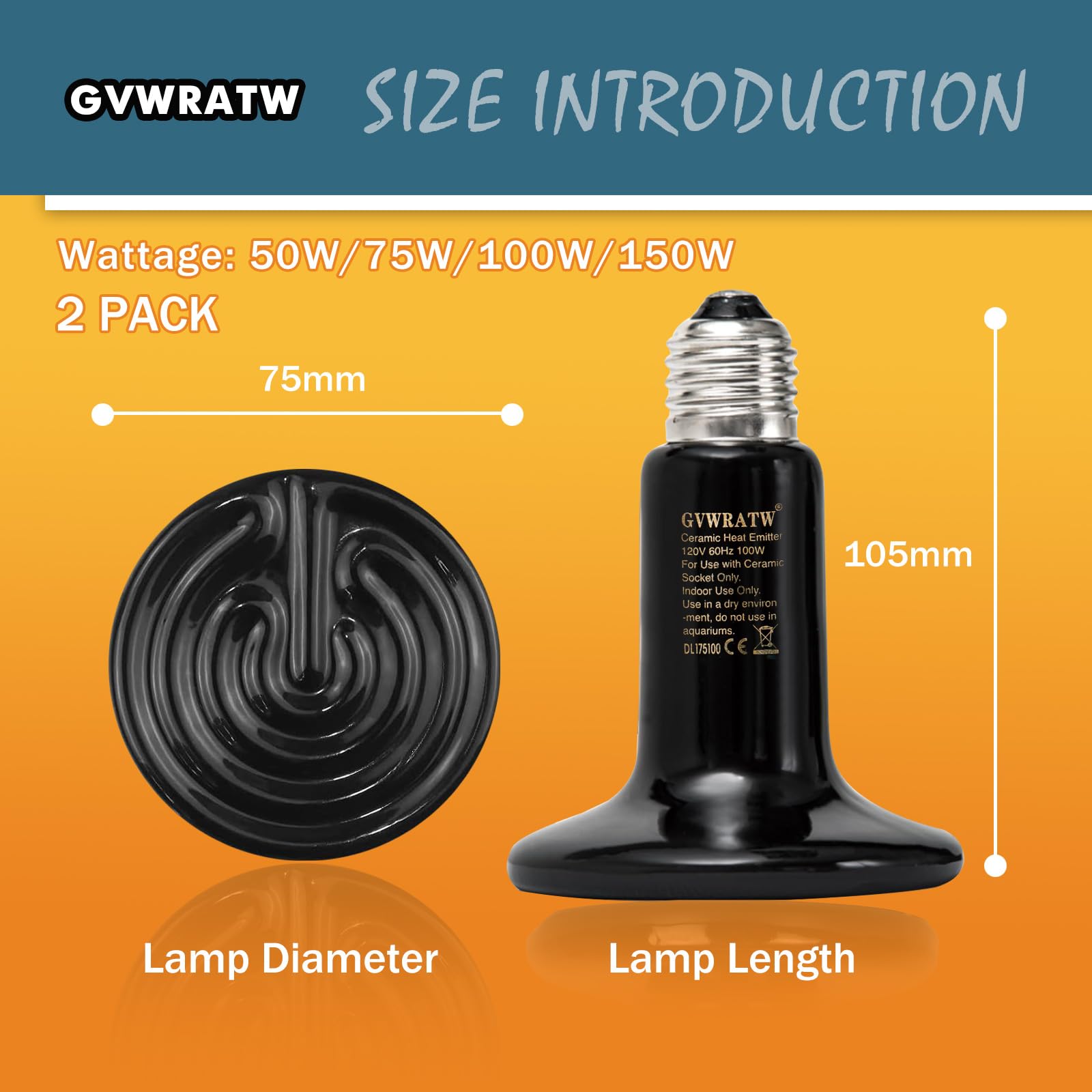 GVWRATW 0.25 inch(75mm) Ceramic Heat Emitter Bulb 2 Pack for Reptiles – No Light Infrared Heat Lamp for Lizards, Snakes, Bearded Dragons – Safe Nighttime Heating for Terrariums & Outdoor Pet Brooders - image 4