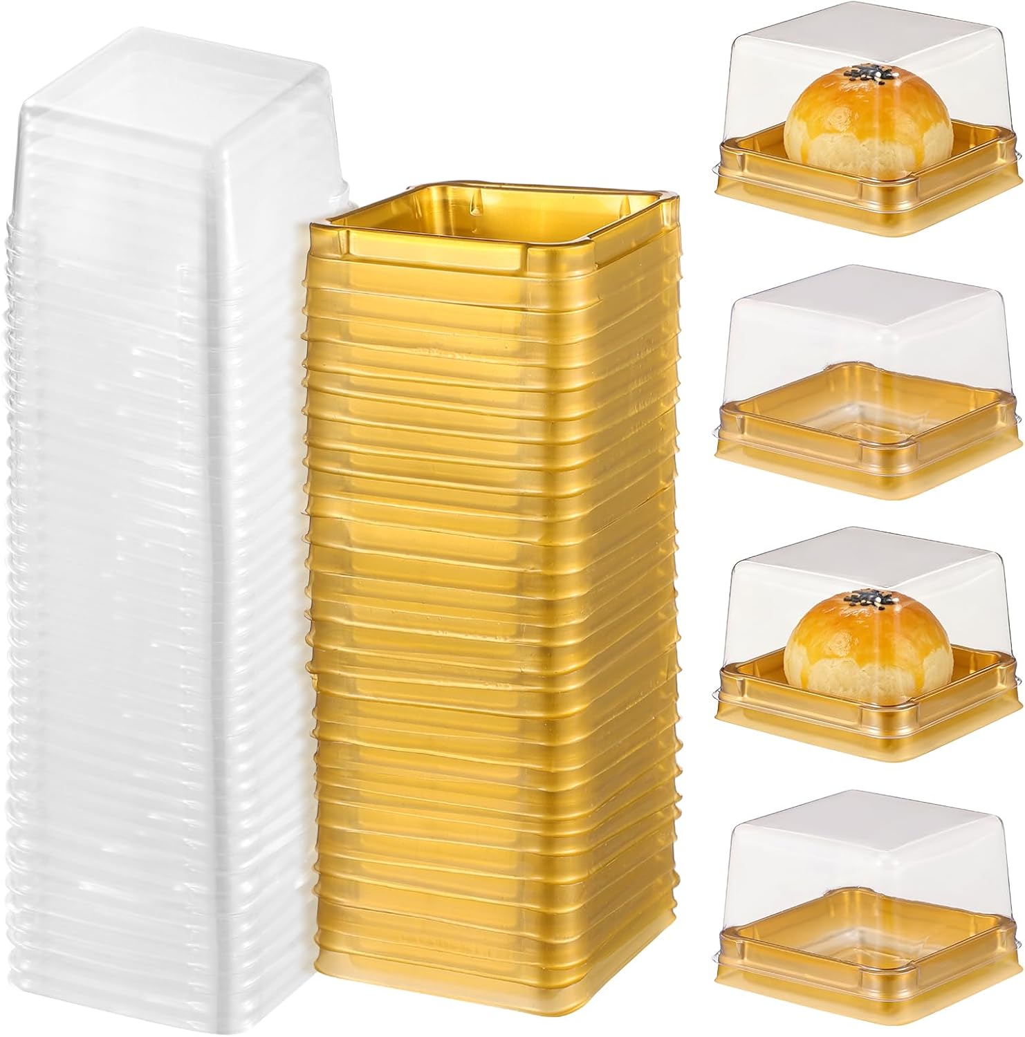 VALICLUD Square Moon Cake Boxes 2.16 X 2.16 X 1.57 Inch Clear Plastic Small Egg-Yolk Puff Containers with Sealed Lid 50 Pack for Food Storage Gift Packaging and Baking