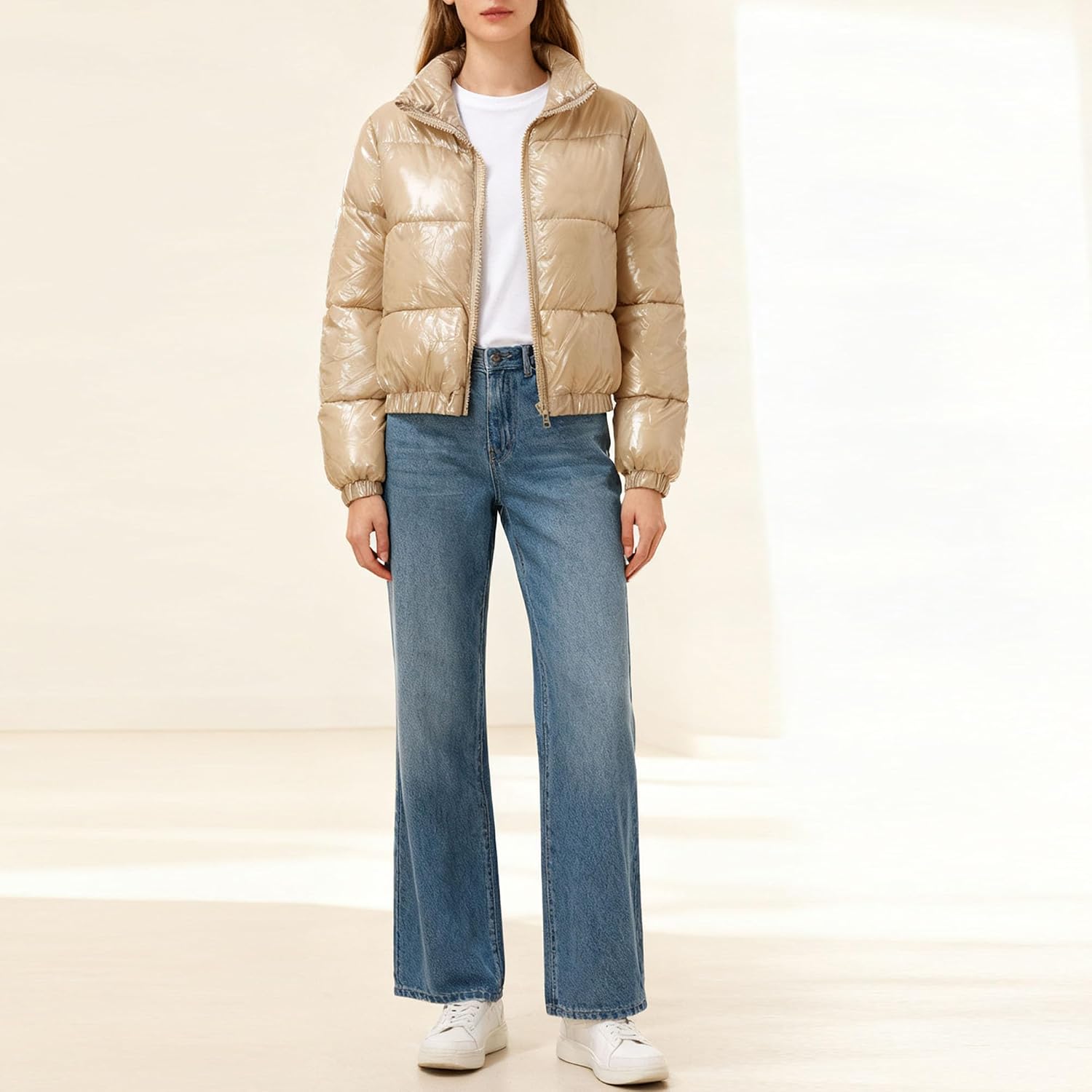 Women's Cropped Puffer Jacket Zip Up Winter Short Quilted Jackets Bubble Coat Full-zip Puffer Outerwear with Pockets