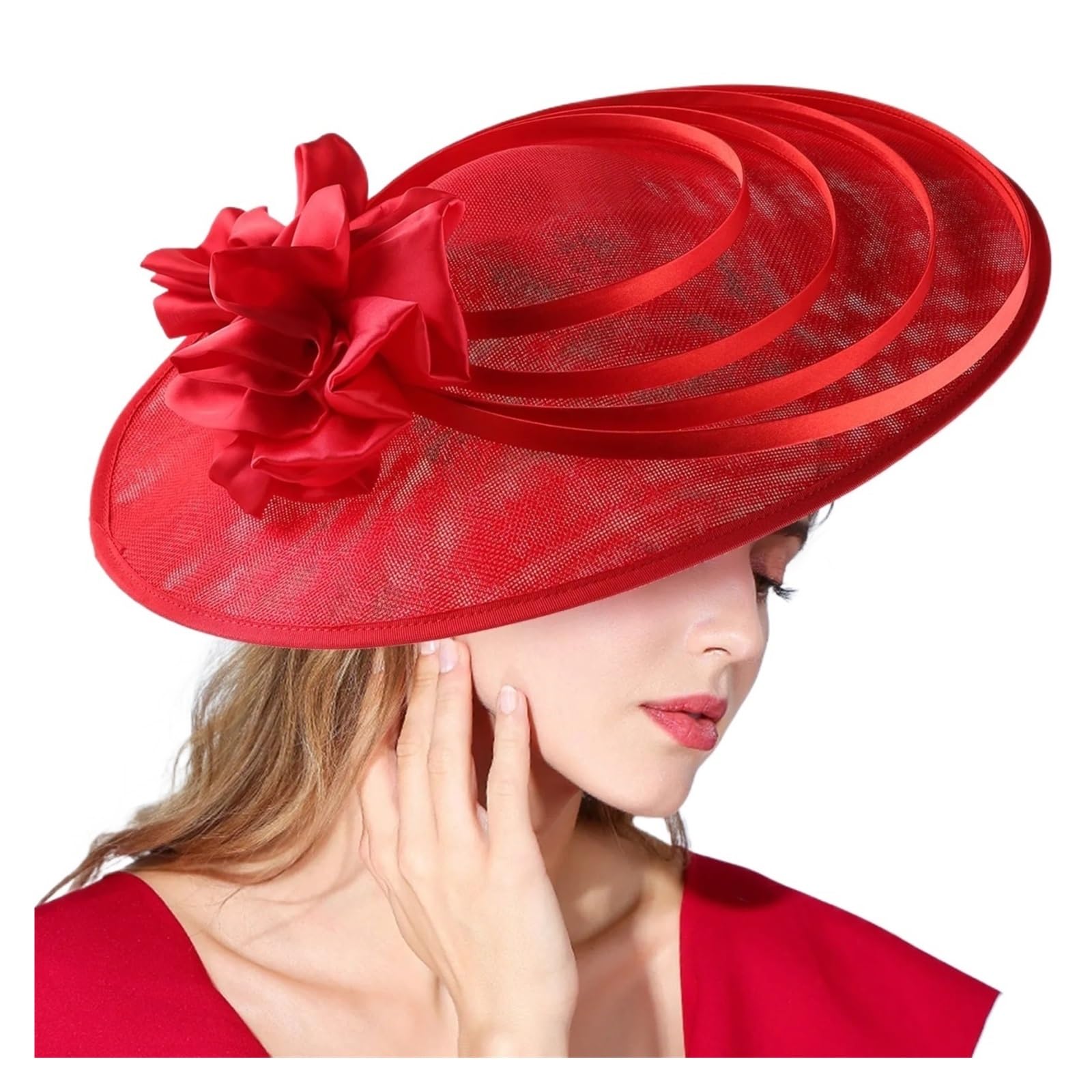 Lyhydma Women's Red Wedding Hat Large Flower Fascinator Church Hat Wedding Luxury Headband Cocktail Tea Party For (Red)