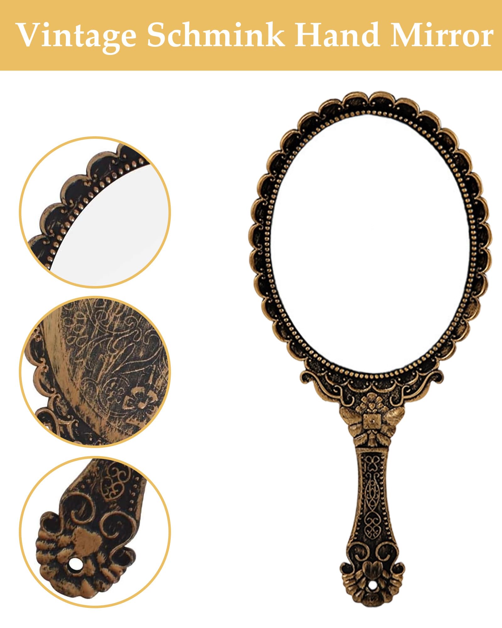 Specchio a Mano Vintage Bronzo, Mini Specchio Ellittico Compatto per Parrucchiere, Trucco, Casa, Viaggi