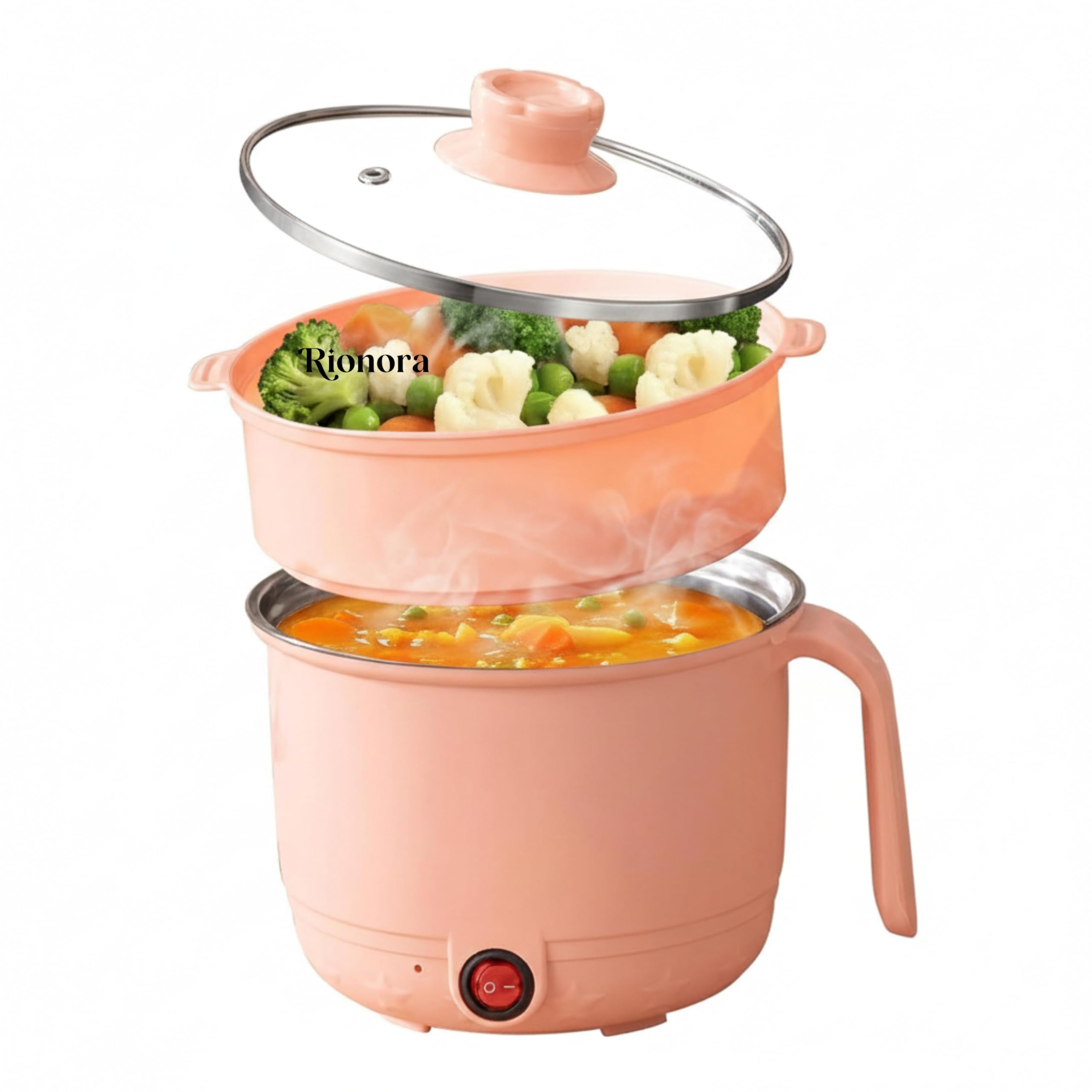 1.5L Electric Hot Pot with Steamer, Stainless Steel Mini Multipurpose Cooker, Portable Rice & Baby Food Maker for Travel, Hostel Kitchen, Boil, Steam & Fry (Peach)