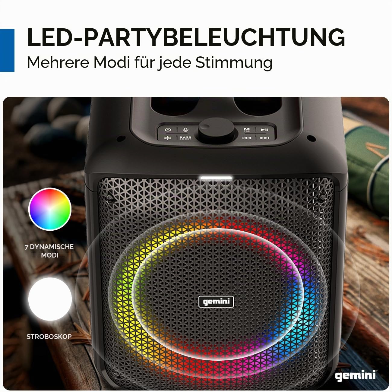 Gemini Sound GGO-Serie – GGO-650L tragbare Bluetooth-Boombox – 100W- und 200W-Modelle, LED-Partybeleuchtung, TWS-Kopplungsfunktion, Funkmikrofon, aufladbarer Akku, USB, AUX, Laufzeit von 10 Stunden