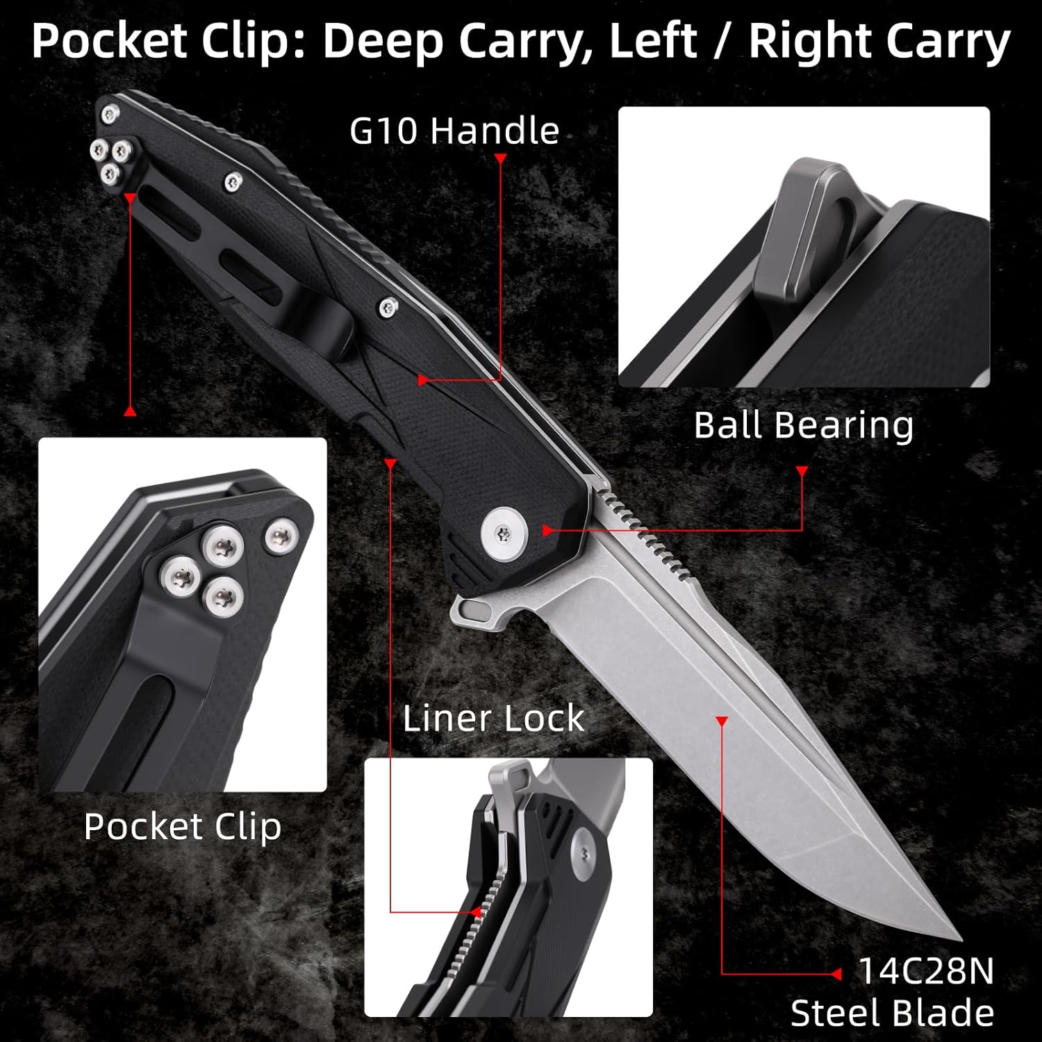 14C28N Folding Knife - 3.5" Drop Point Swedish Steel Blade, G10 Handle Ceramic Bearing EDC Pocket Knife, Tactical Camping Hunting Outdoor Survival Gear
