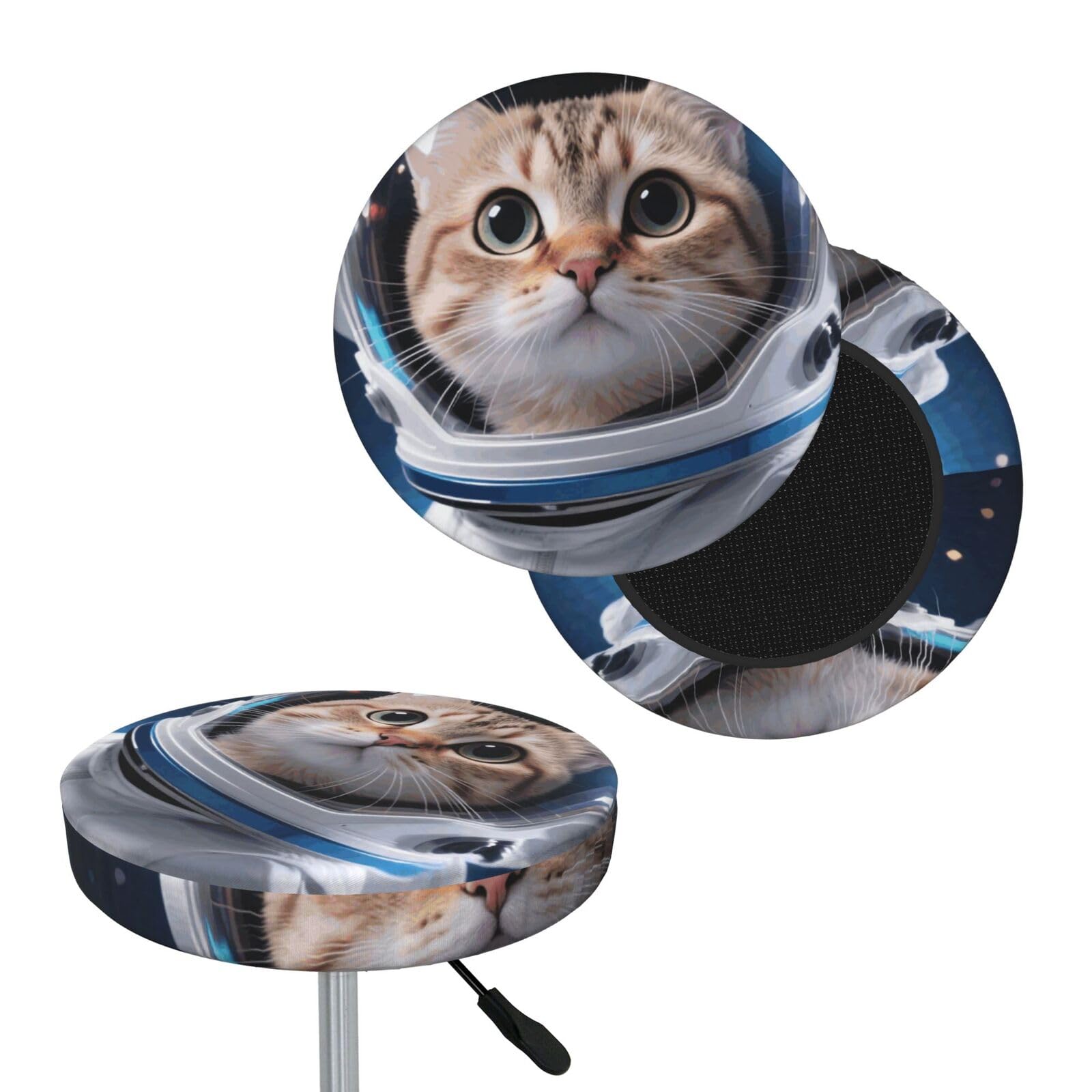 FekiLoot Cat Astronaut Round Bar Stool Covers Stretch Washable Bar Stool Covers Dustproof Slipcover Bar Chair Covers with Elastic Band for Bar Kitchen Living Room Decor 14 Inch