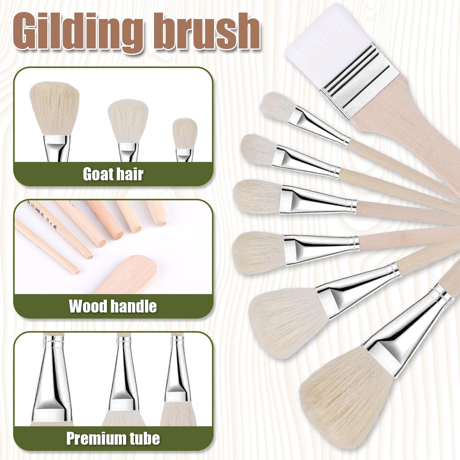 7 Teiliges Vergoldungspinsel Set, Mopppinsel in Verschiedenen Größen zum Malen Vielseitige Ziegenhaarpinsel Malpinsel zum Basteln Acrylmalerei Blattgoldflocken Blätter