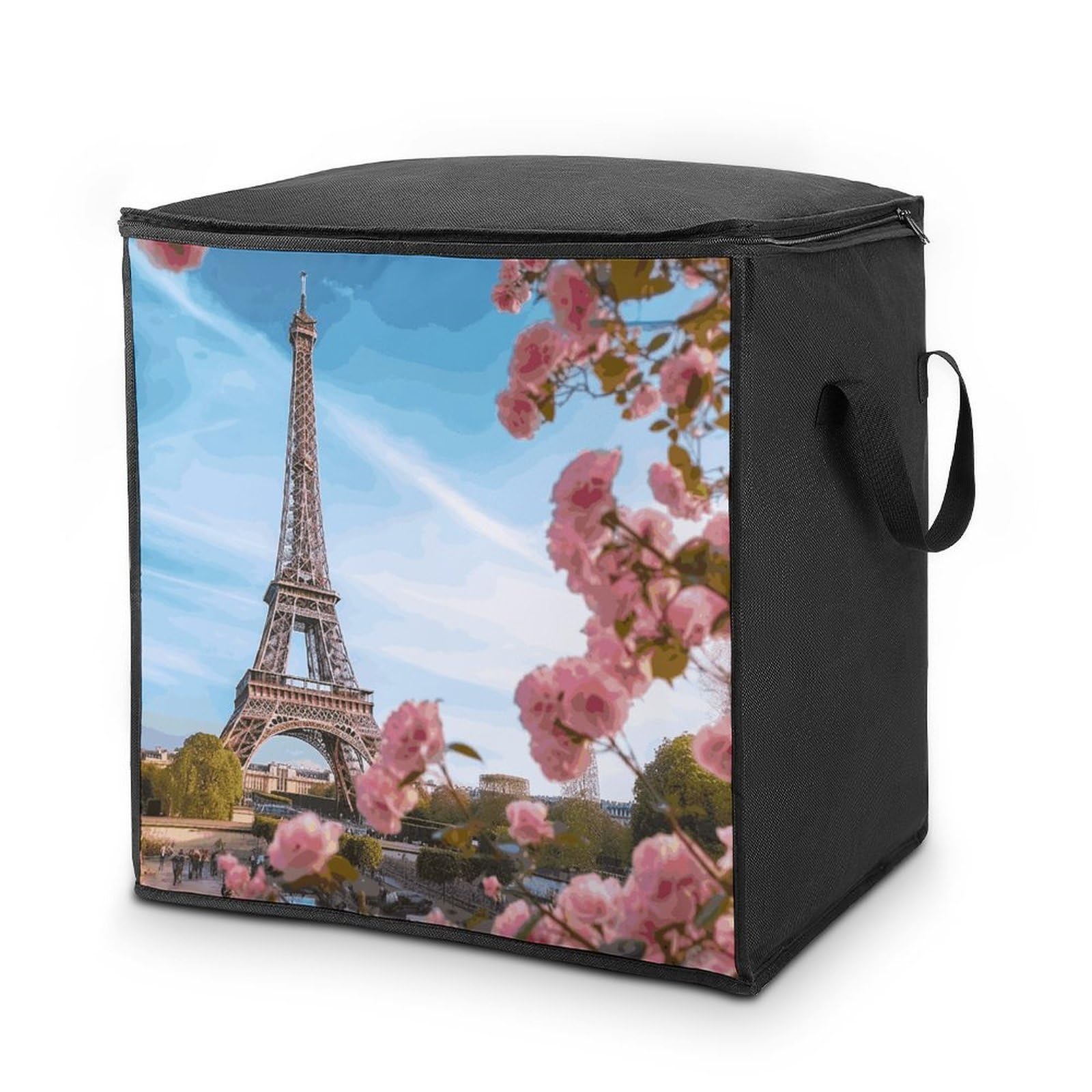 Paris Eiffel Tower with Flowers Storage Bag with Zippers And Handle Extra Large Bedding Comforter Storage Bag Foldable Blanket Storage Bags Fabric Moving Bags for Closet Organizer (70L)