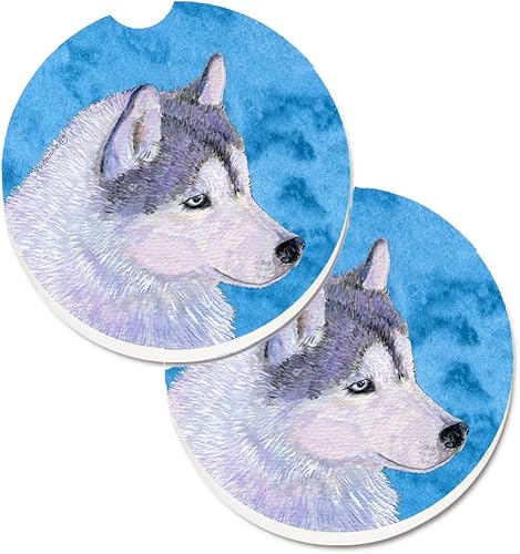 Caroline's Treasures SS4740-BUCARC - Juego de 2 portavasos para automóvil, diseño de Husky siberiano azul, posavasos absorbentes para portavasos de