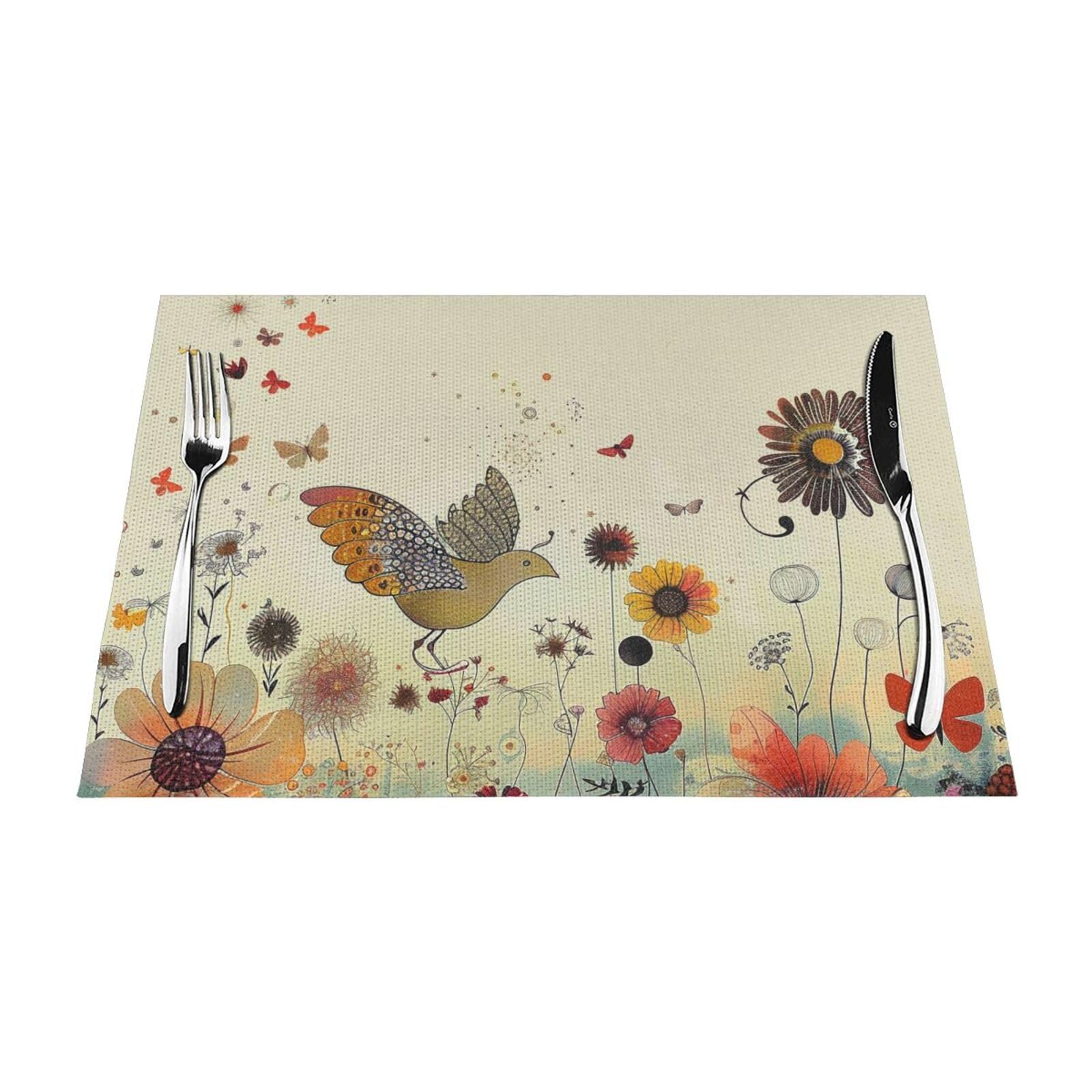 Sets de table lavables antidérapants en PVC motif poule et fleurs rustiques x6