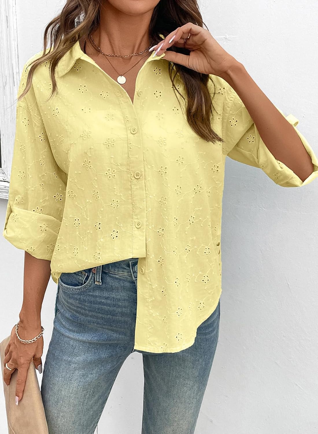 Dokotoo Womens Summer Tops Casual Button Down Long Sleeve Shirts for Women Loose Soft Cotton Hollow Out Blouses - Image 4