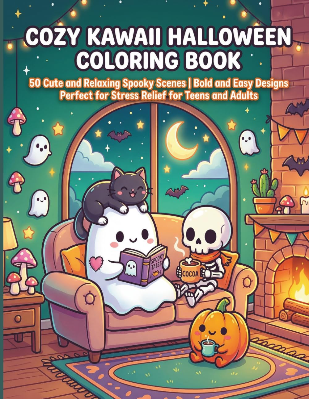COZY KAWAII HALLOWEEN COLORING BOOK: 50 Cute and Relaxing Spooky Scenes | Bold and Easy Designs | Perfect for Stress Relief for Teens and Adults