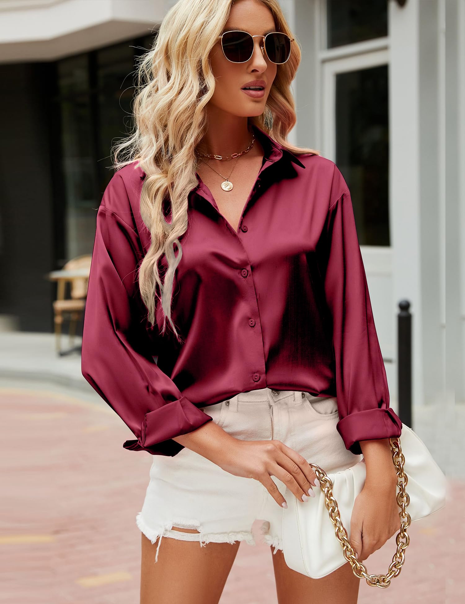 HANERDUN Camicia Donna Elegante Camicia Button Down di Raso Maglia Scollo a V Camicetta a Colore Solido Top Camicia