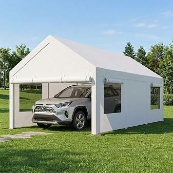 10x20 FT Heavy-Duty Design Carport,Portable Garage Canopy,Carport Canopy with Side-Opening Removable Door & Roll-Up Window,Portable Car Port for Car, Truck, Boat, White