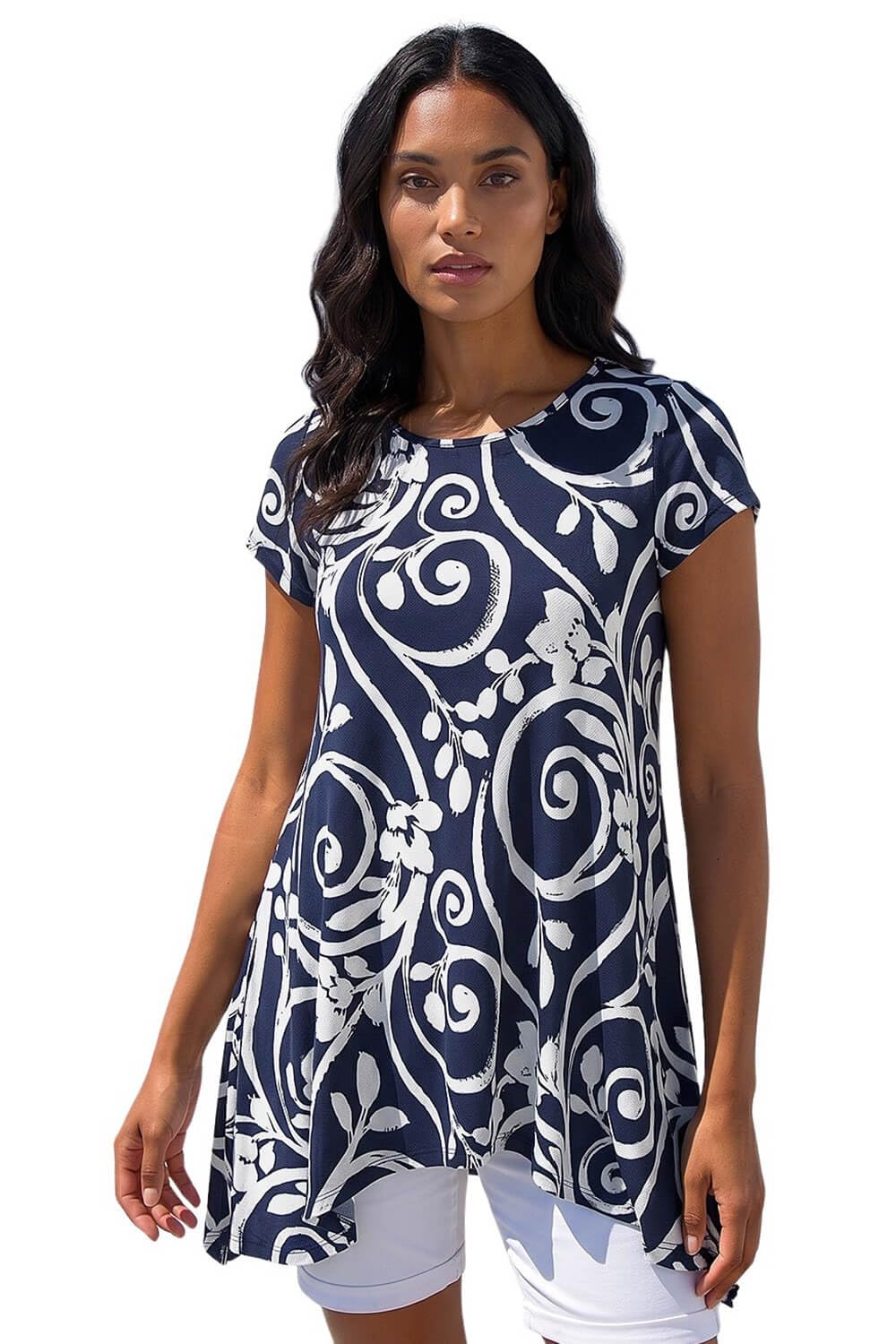 Roman Originals Hanky Hem Tunic Top for Women UK - Ladies Longline Blouse Asymmetric Hemline Short Sleeves Casual Slouch Loose Summer Spring Relaxed Comfortable - Navy Floral - Size 18