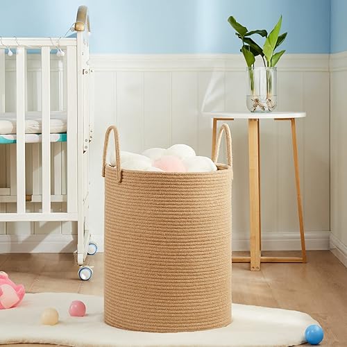 Miniatura 9 de Fiona's magic 72L Canasta grande tejida para lavandería, cesta alta de almacenamiento de cuerda de algodón, canasta de cáñamo para guardería de bebé