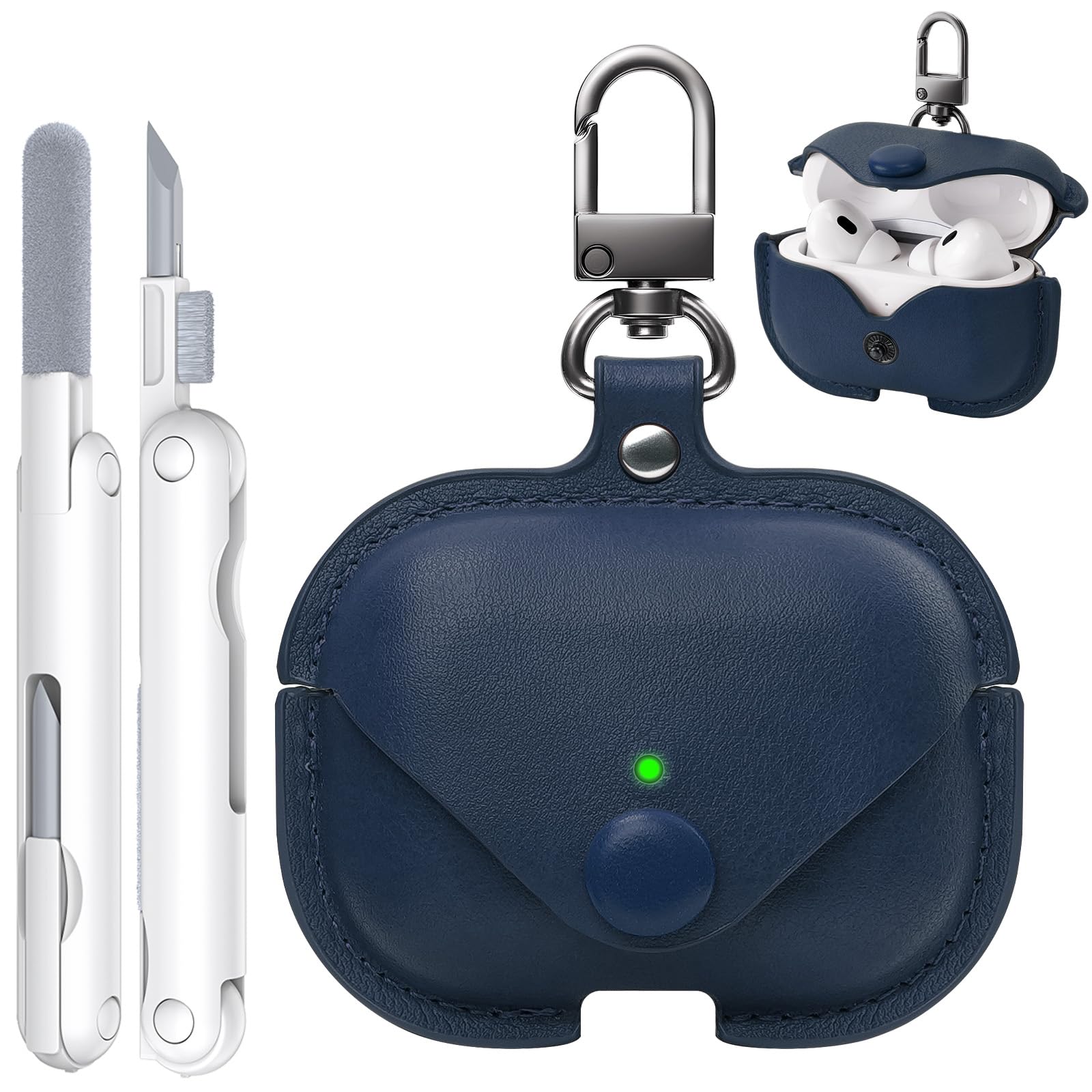 for Airpods Pro 2 Case Leather, AirPods Pro Case with Keychain & Cleaner Kit for Apple Airpods Pro 2nd/1st Generation (2023/2022/2019), Full Protective Leather Case Cover for Men Women (Blue)