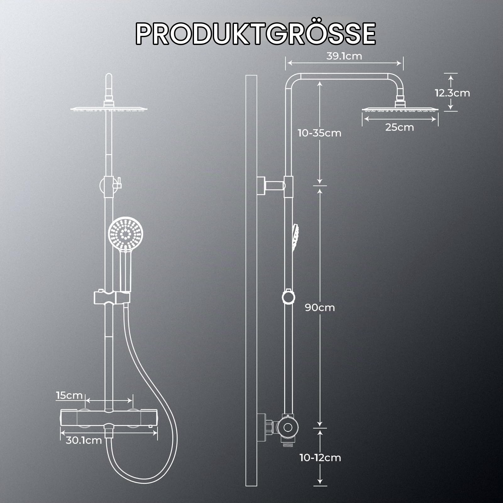 FORIOUS® Duschsystem mit Thermostat,Duscharmatur Komplettset PolierterChrom | Edelstahl Duschsystem 25cm Rund-Overhead Regendusche，90-125cm Höhenverstellbare Duschstange, 3 Strahlarten ABS Handbrause
