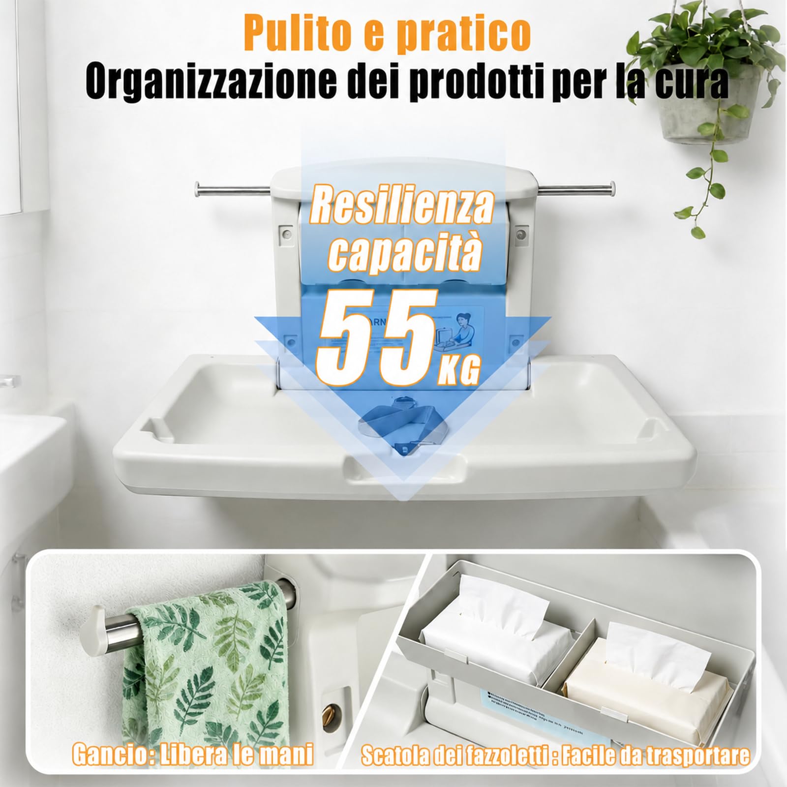 Fasciatoio commerciale da parete, tavolo pieghevole per il cambio del pannolino per bagno pubblico con cinghia di sicurezza regolabile, doppi ganci laterali e scatole pieghevoli