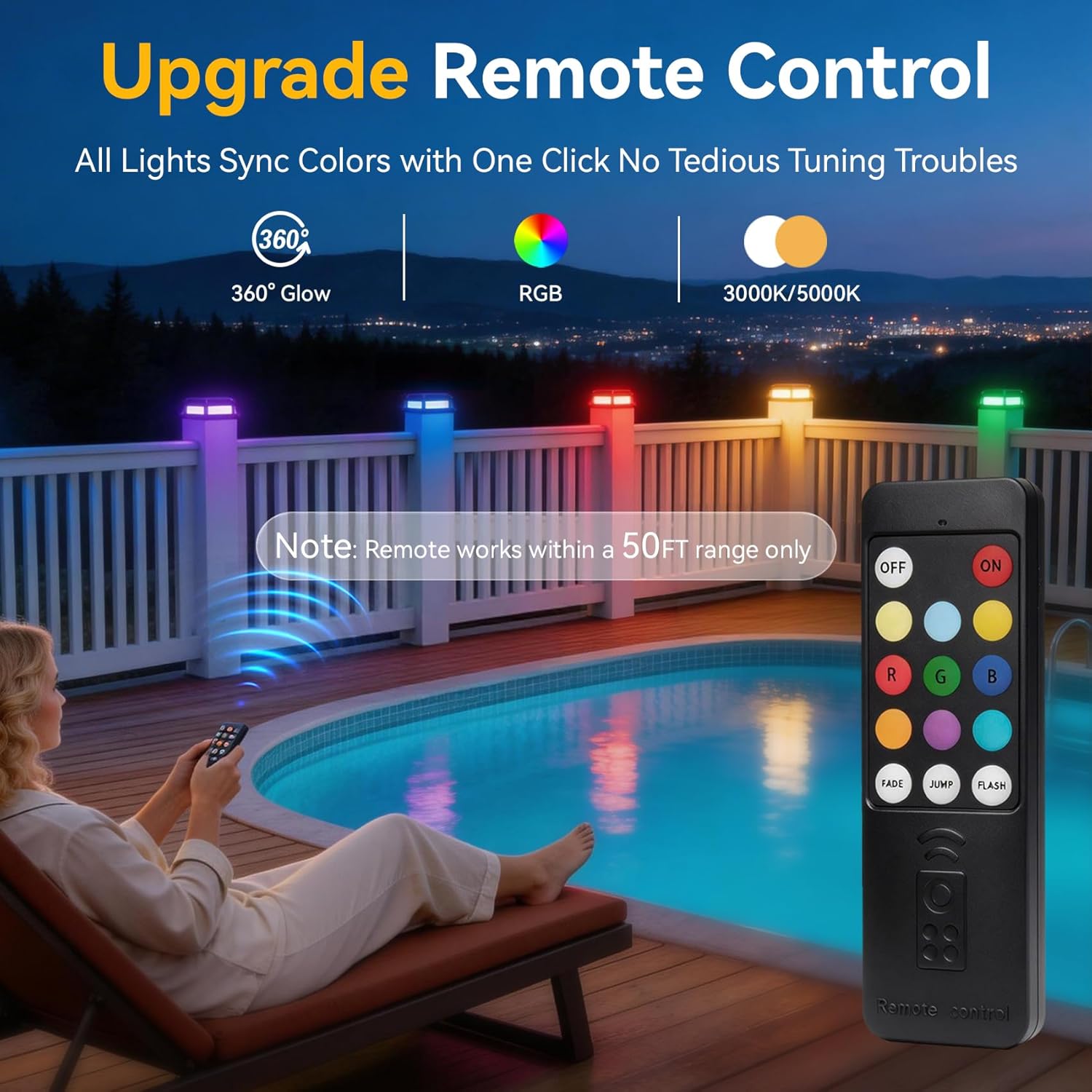 LumiZen Solar Post Cap Light with Remote 12pack, 9 RGB Color Changing & Multicolor Flow Modes Easily, IP65 Outdoor Waterproof for 4x4/5x5 Wood/Vinyl Fence Deck Posts, Patio Garden, Black