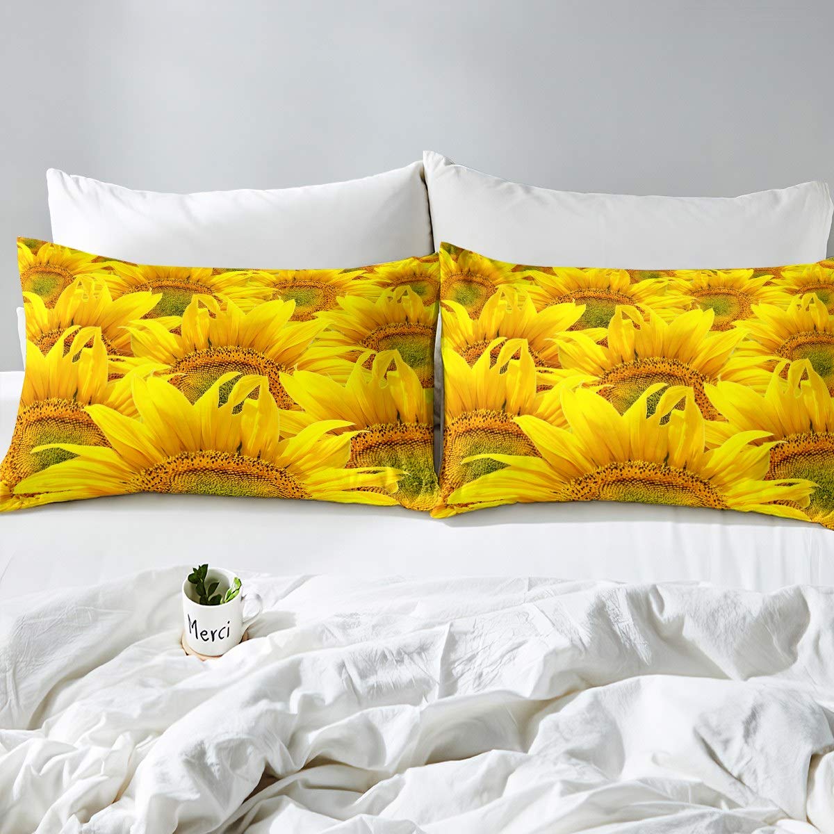 Piumino Matrimoniale Floreale Girasole Giallo | Set 2 Pezzi Con Federa | Biancheria Letto Stampa 3D Manfei