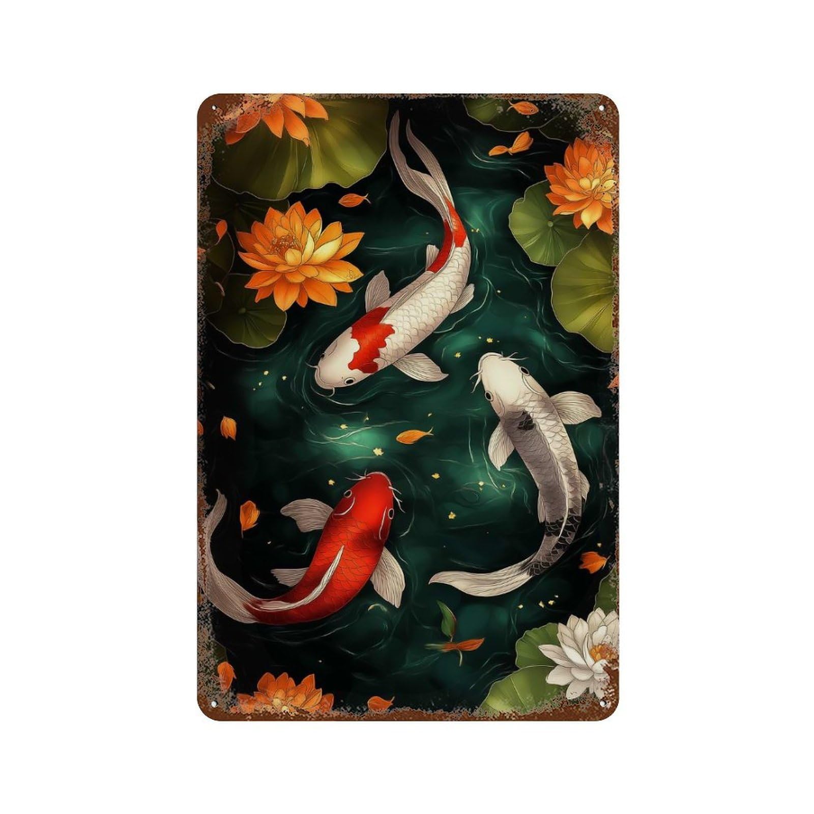 Koi Fish And Lotus Pond 11.8"x7.9" Vintage Rust Metal Sign, Shabby Chic Decor for Cafe, Home Bar And Lounge Decor