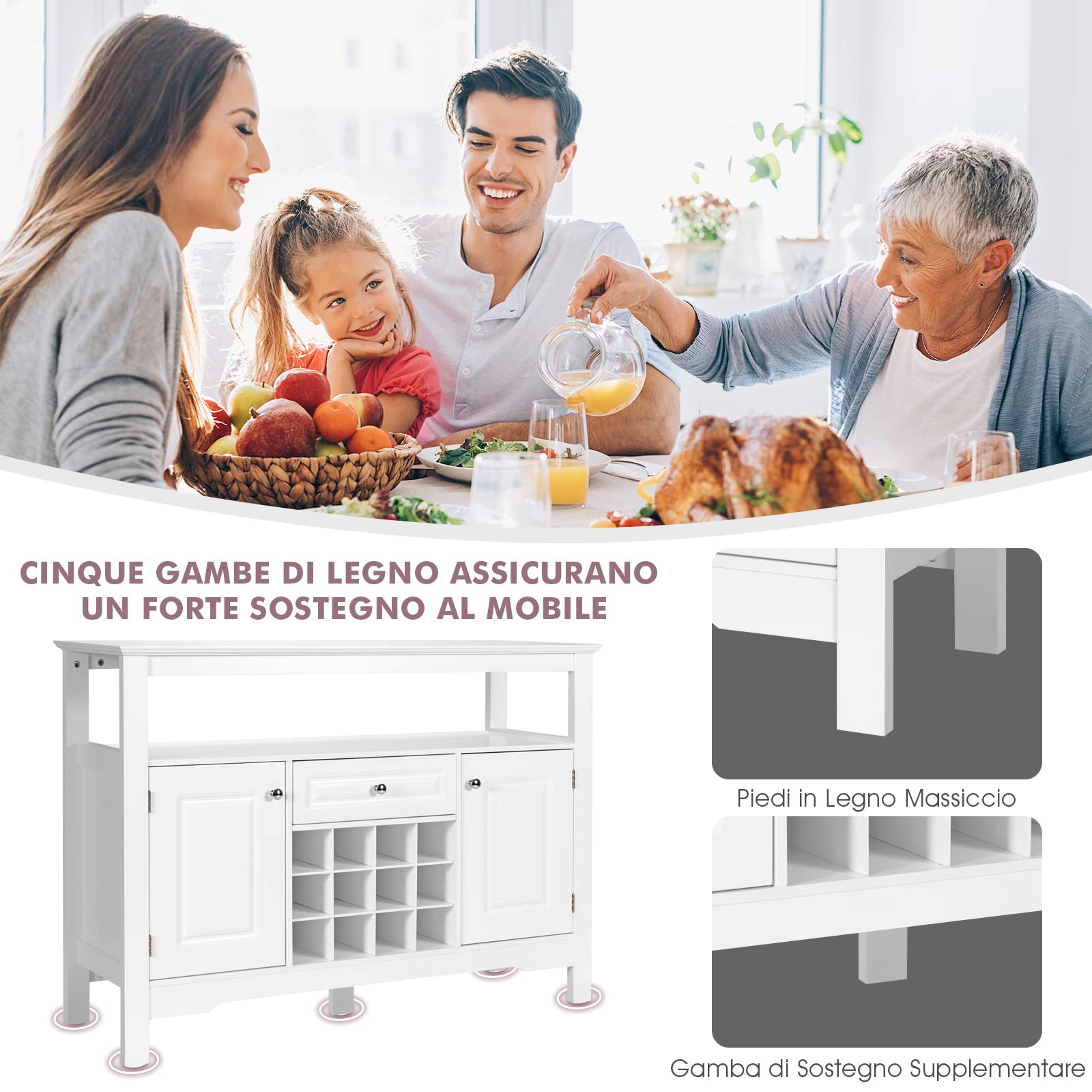 COSTWAY Credenza Moderna con Tanto Spazio, Credenza Cucina con Porta Bottiglie di Vino a Forma Incrociata, Mensola Aperta, 2 Armadietti e Cassetto, 117 x 40,5 x 82,5 cm (Bianco)