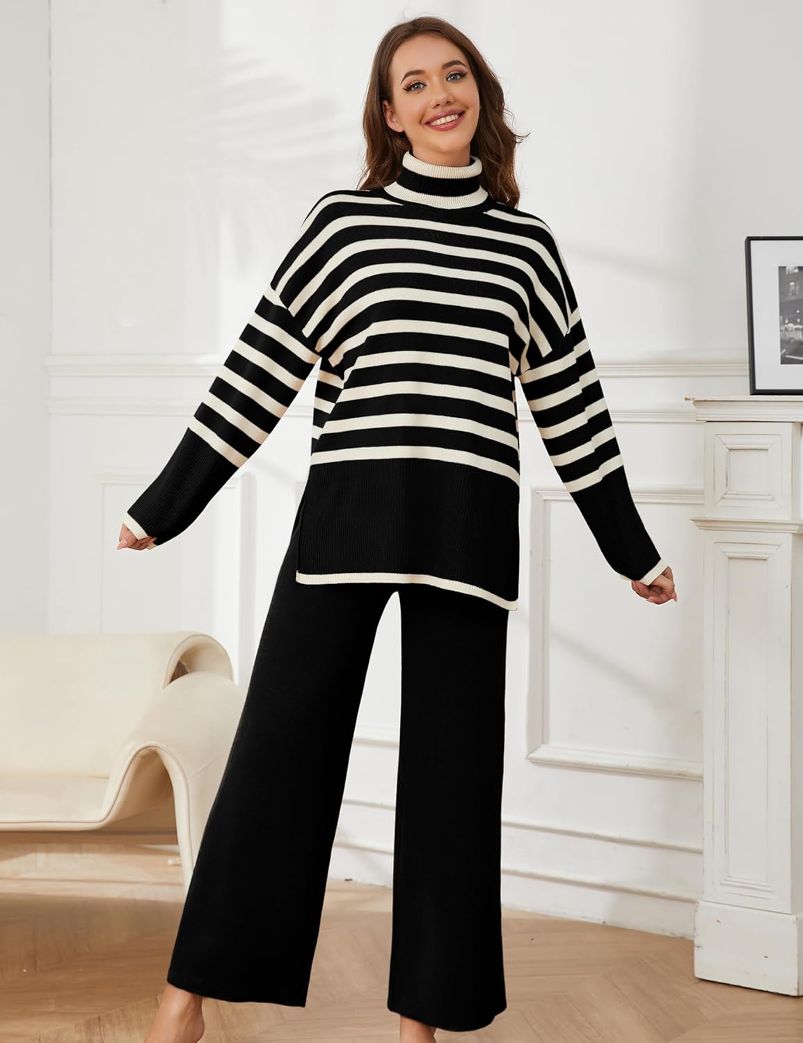 Tanming Women's Sweater Sets Long Sleeve Striped Jumper Tops Casual Knit Wide Leg Pants Sets - Image 3